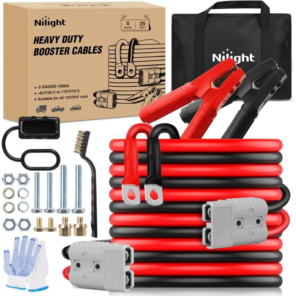 Nilight 0 Gauge 25 Feet Heavy Duty Jumper Cables 1000 Amp Booster Battery Cables with Permanent Installation kit and Quick Connect Plug Includes carrying bag for 12V & 24V Cars SUVs and Trucks summervibes fathersdaygift