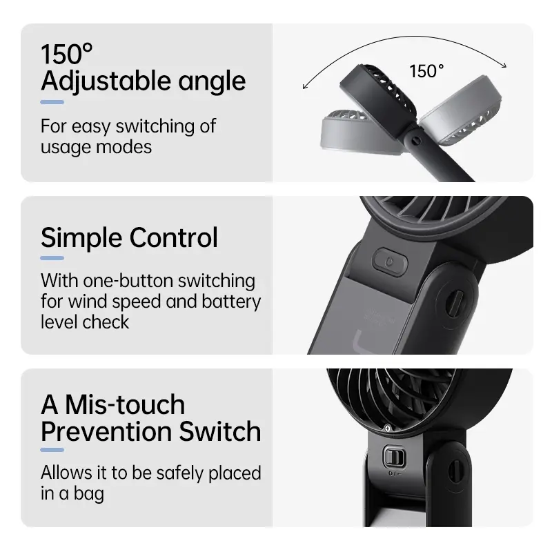 3-in-1 Portable Mini Fan – 5000mAh Rechargeable, 5 Speeds, Handheld, Desk & Neck Fan for Travel & Outdoor Use