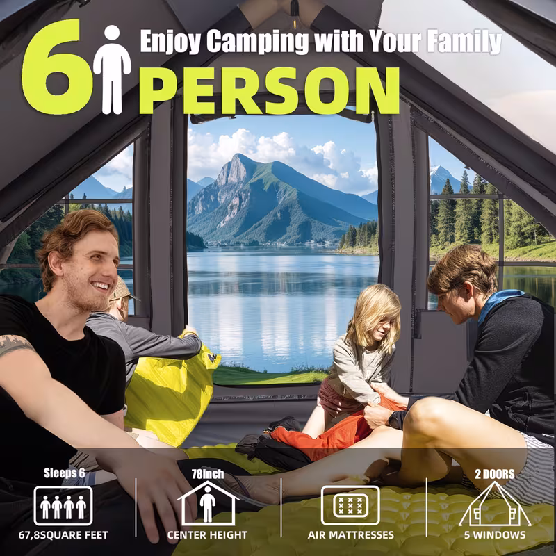 Inflatable Camping Tent, with Electric Air Pump, 4 Season Windproof, Clear Skylight & 420D Oxford, Air Tent with Mesh Windows/Doors