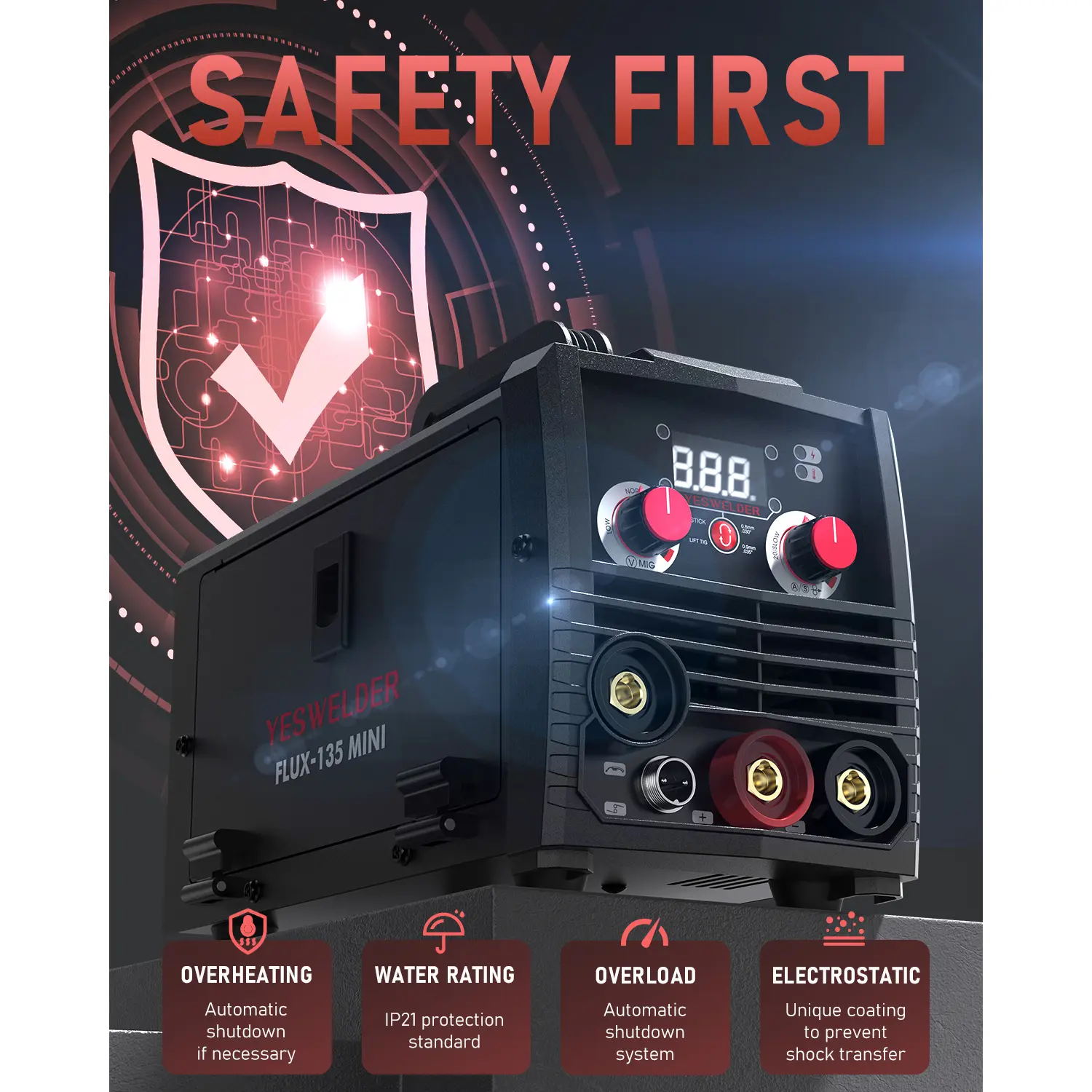 135A 110V Gasless MIG Welder | 3-in-1 Flux Core/Lift TIG/Stick Inverter Welding Machine with Synergic Control