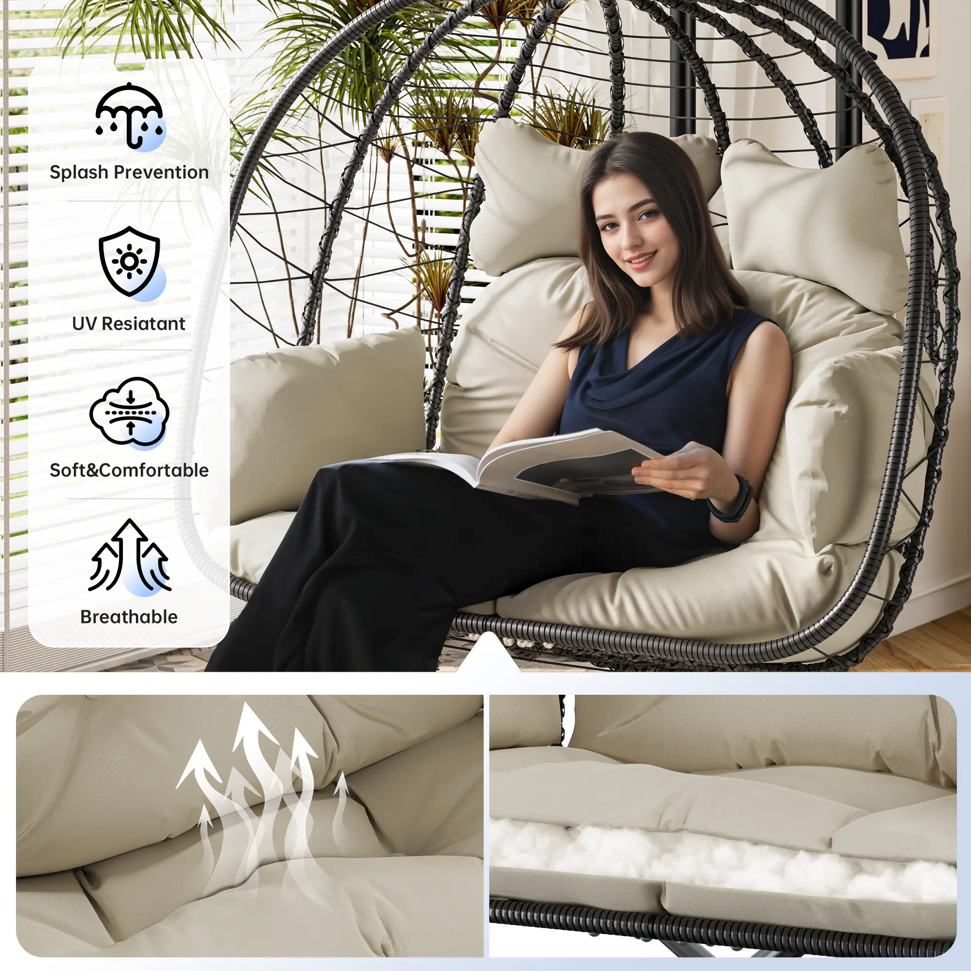 Double Hanging Egg Chair – Foldable Wicker Patio Swing with Cushions, Rust-Resistant Frame & 700 lb Capacity