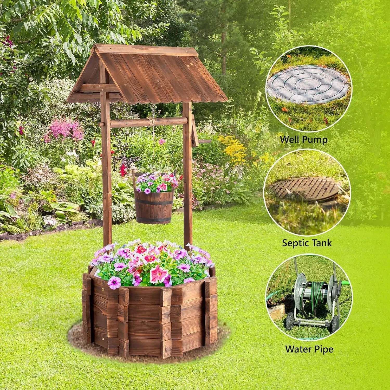 Wooden Wishing Well Outdoor Planter with Adjustable Bucket