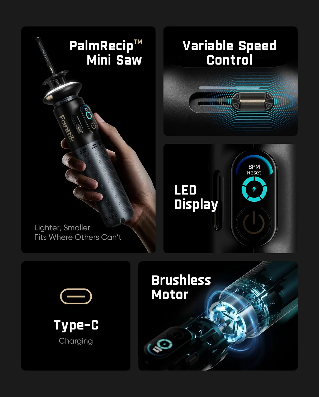 【FathersDayGift】 R11 Pro Brushless Cordless Mini Reciprocating Saw, 0–2200 SPM Variable Speed, Type-C Fast Charging, Tool-Free Blade Change, 5-Blade Kit for Wood, Metal & PVC
