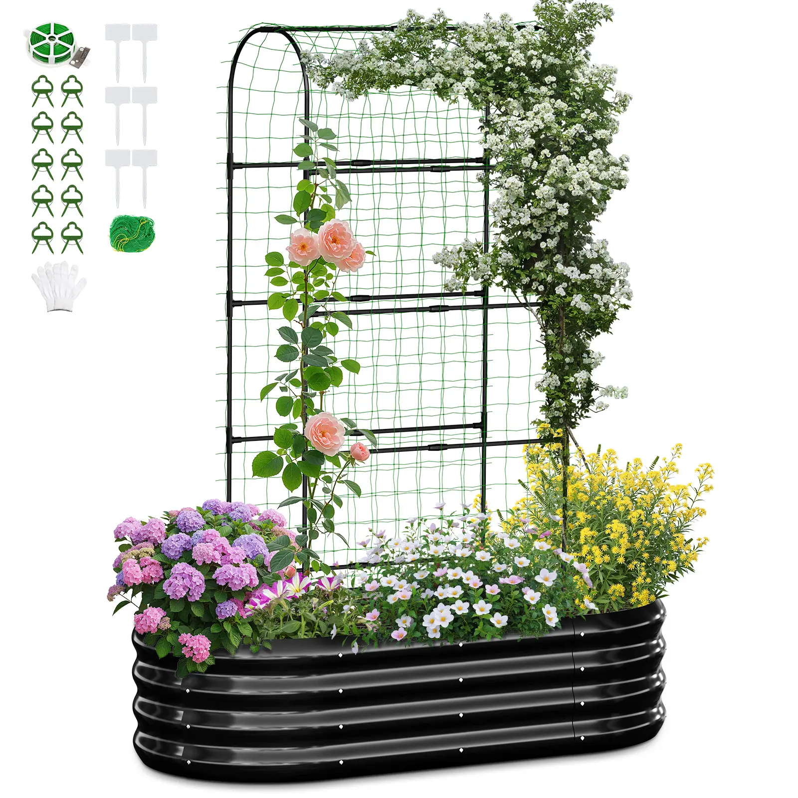 3-in-1 DIY Metal Raised Garden Bed with Arch Trellis, Wind-Resistant Heavy Duty Planter Box with Netting, Open Bottom Garden Bed for Climbing Plants Vegetables Flowers