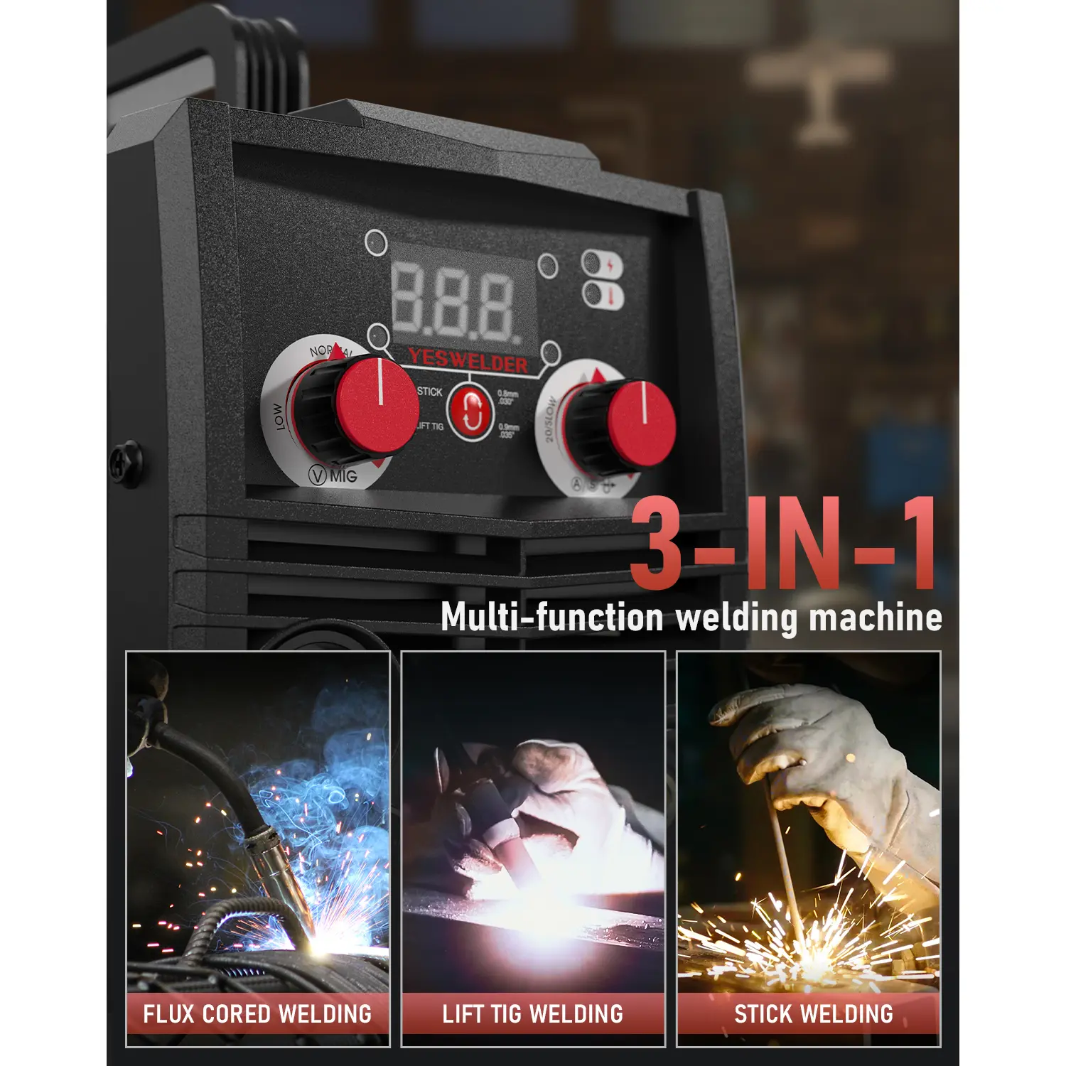135A 110V Gasless MIG Welder | 3-in-1 Flux Core/Lift TIG/Stick Inverter Welding Machine with Synergic Control