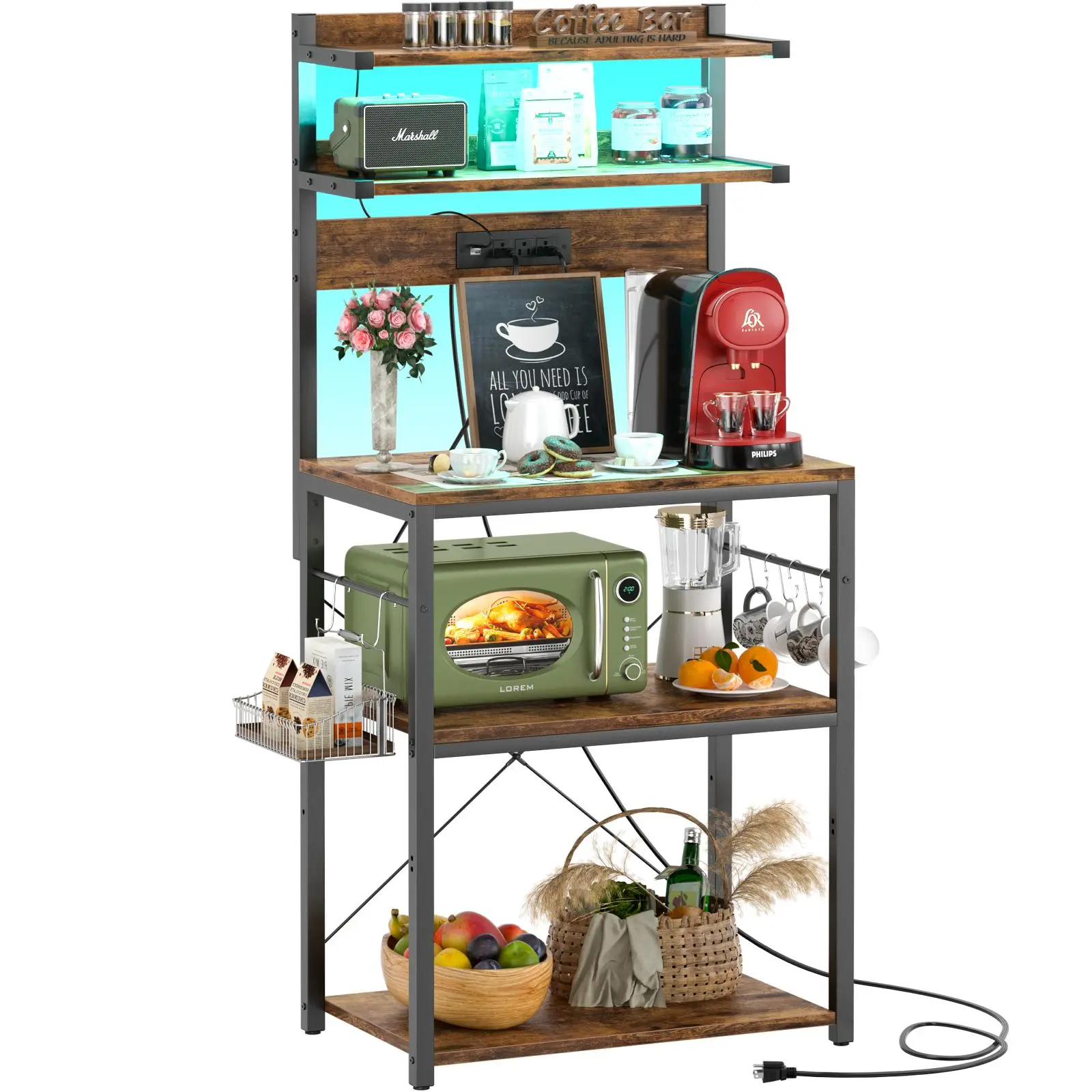 Bakers Rack with Power Outlet – 5-Tier Kitchen Storage Shelf with LED Lights, Microwave Stand & Coffee Bar Station