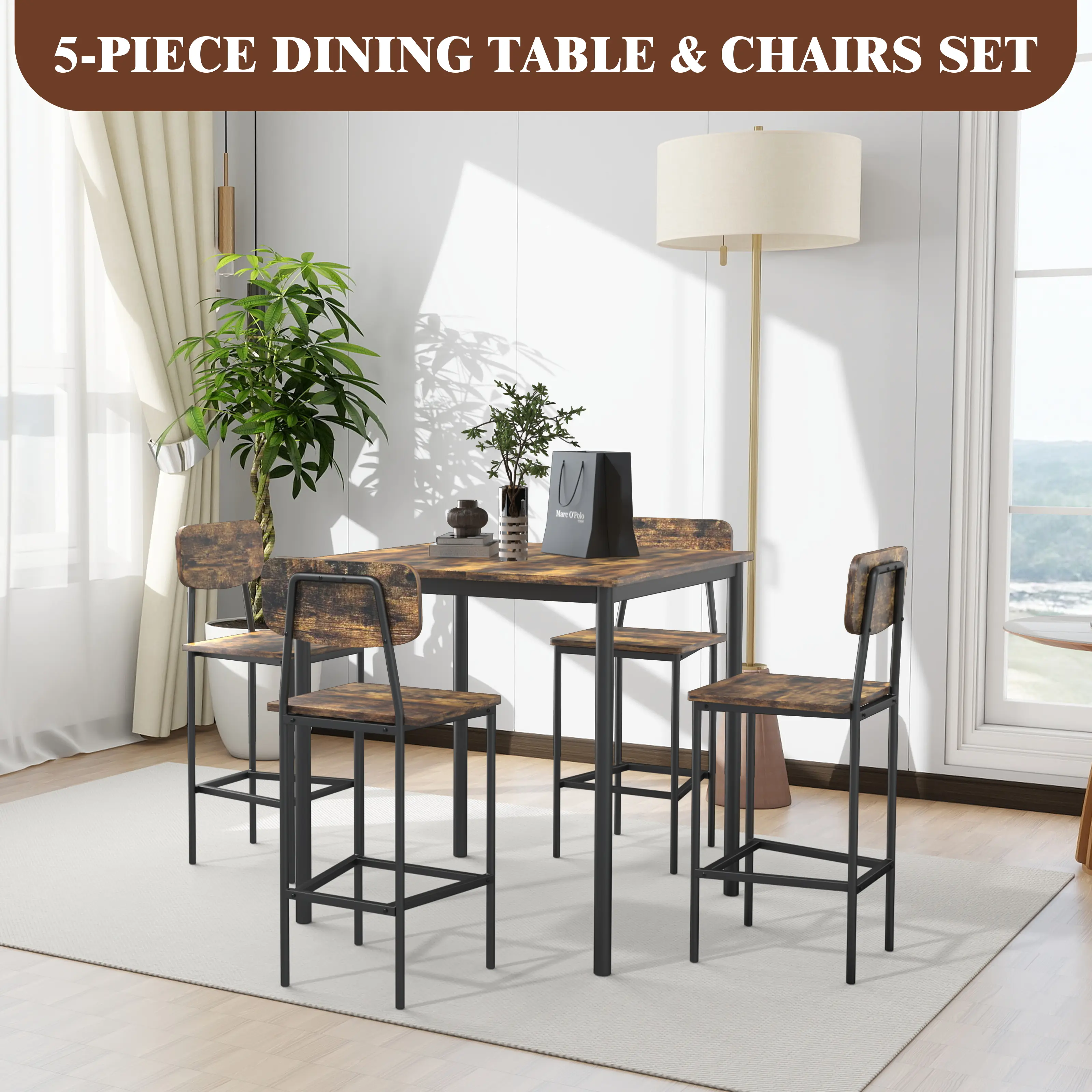 Dining Table Set for 4 – Space-Saving Retro Kitchen Table & Chair Set with Durable Metal Frame