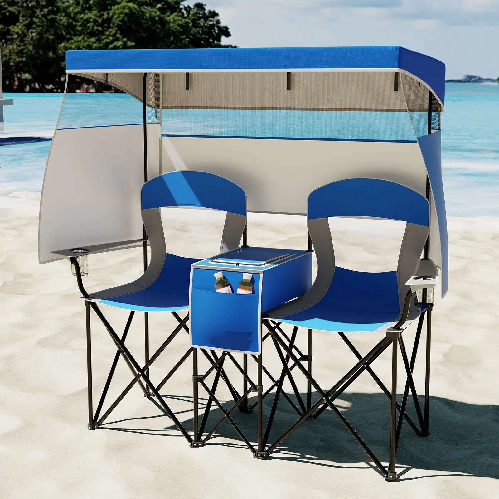 2-Person Portable Camping Chair with Roll-Up Shade & Cooler Bag