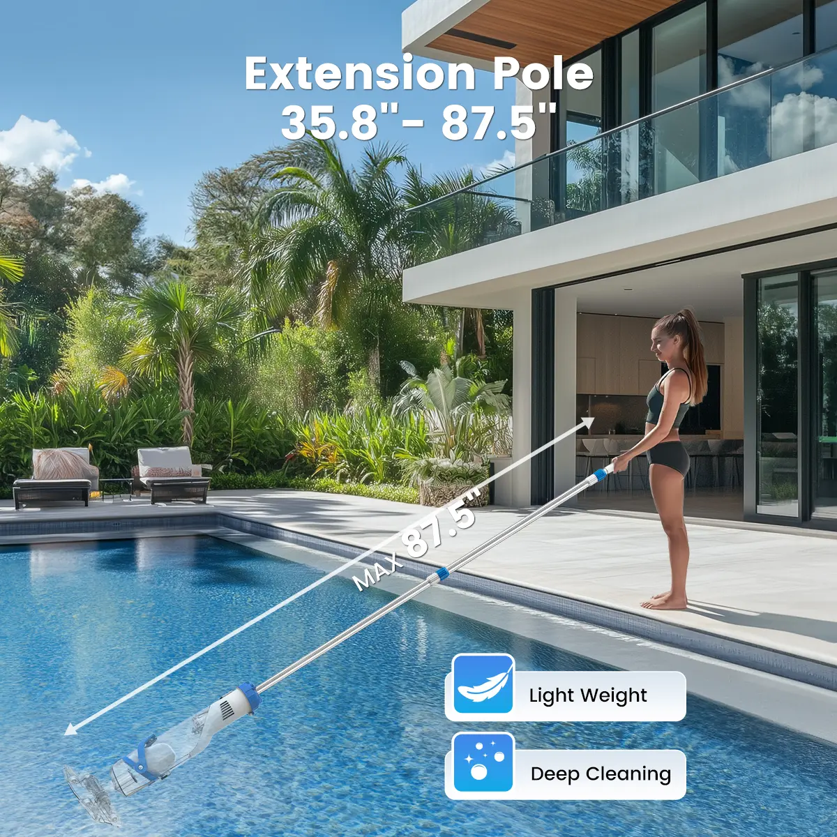 【Summer Vibes】New Upgrade PC18 Pool Vacuum for Above Ground Pool with Telescopic Pole, Running time up to 1H, Handheld Design with Powerful Suction up to 18.5 gallon/min Ideal for Leaves, Debris