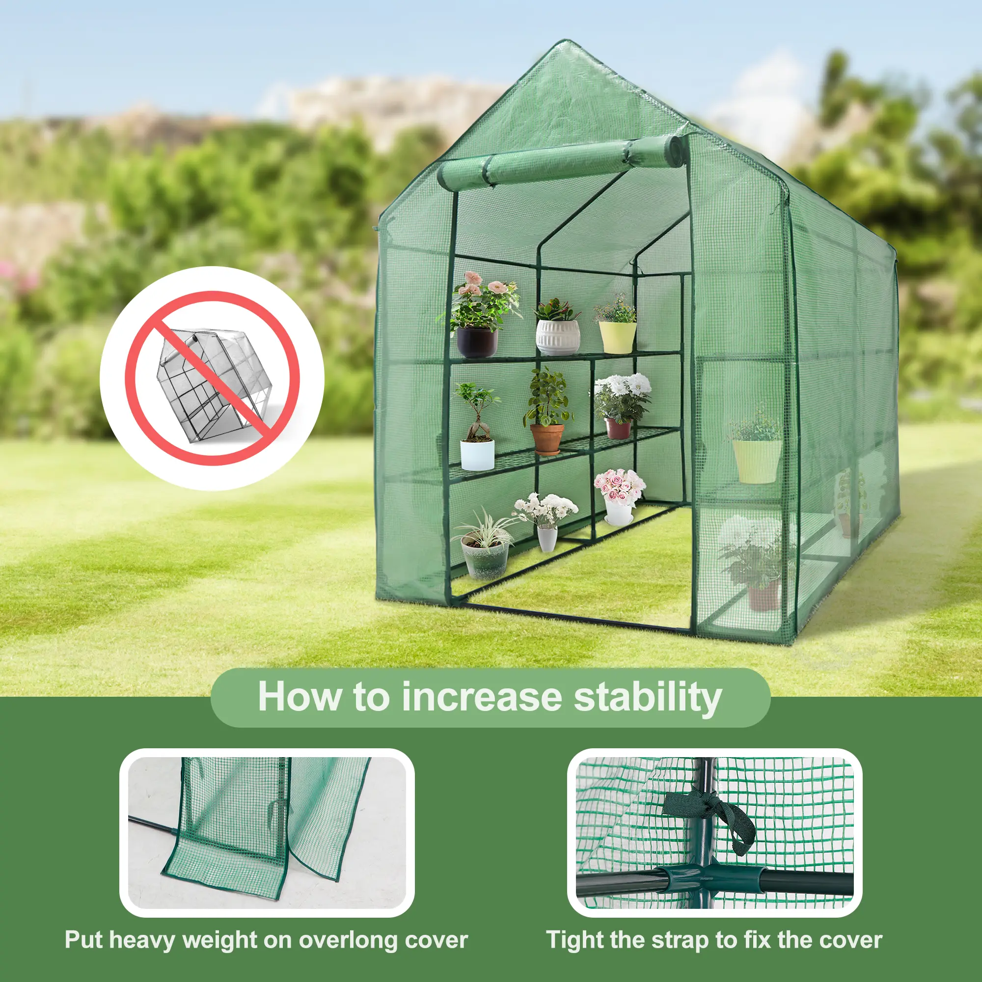 Portable Walk-In Greenhouse with Roll-Up Zipper Door PE Cover Greenhouses for Garden, Backyard - Three Sizes