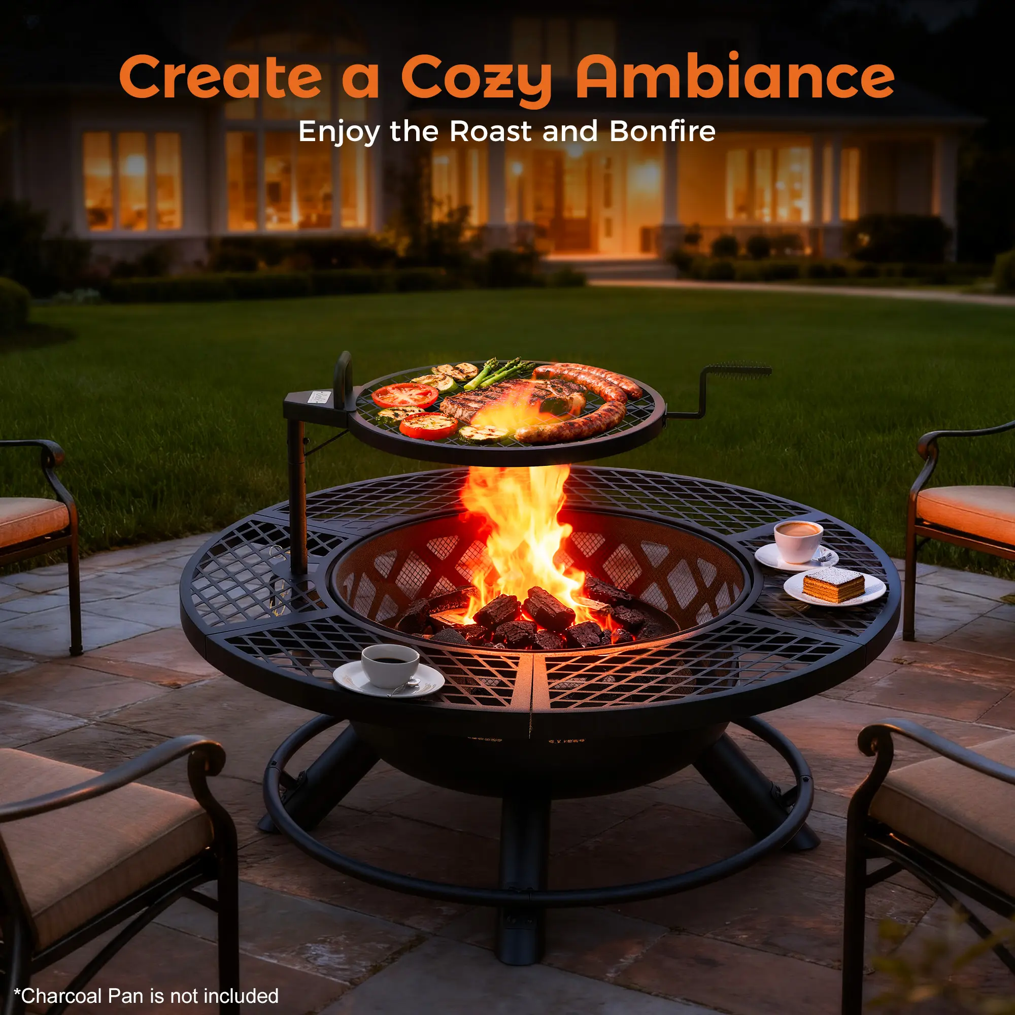 Memorial Day Sales 2-in-1 Wood Burning Fire Pit with Removable Cooking Grill Black Ultra-Durable Iron Grate 360-Degree Rotation Adjustable Height for Heating and BBQ Christmas gift