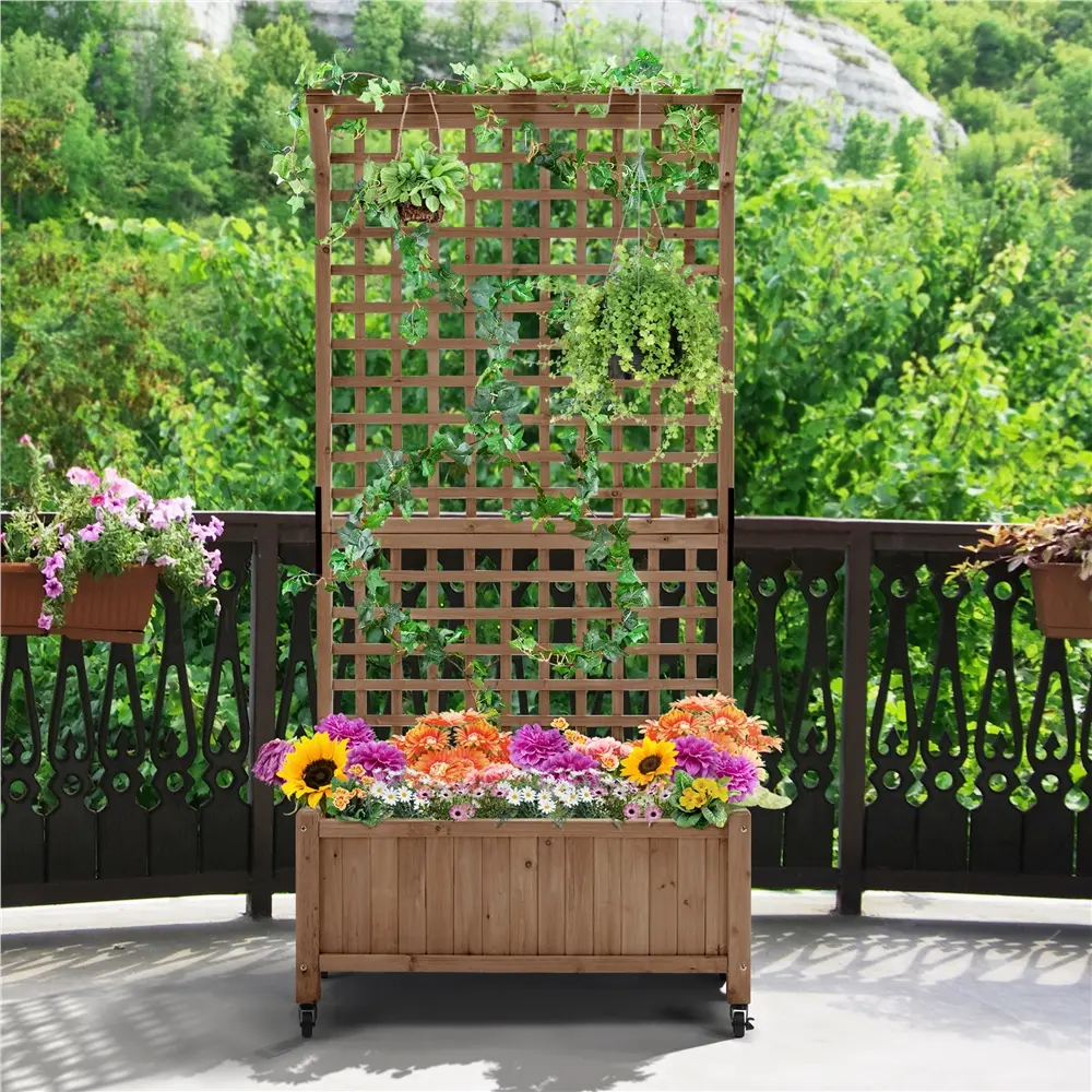 75/50" H Horticulture Garden Planter with Trellis for Vine Climbing Plants Garden Box Outdoor w/Drainage Holes Raised Garden Bed Garden Planter Box for Flowers