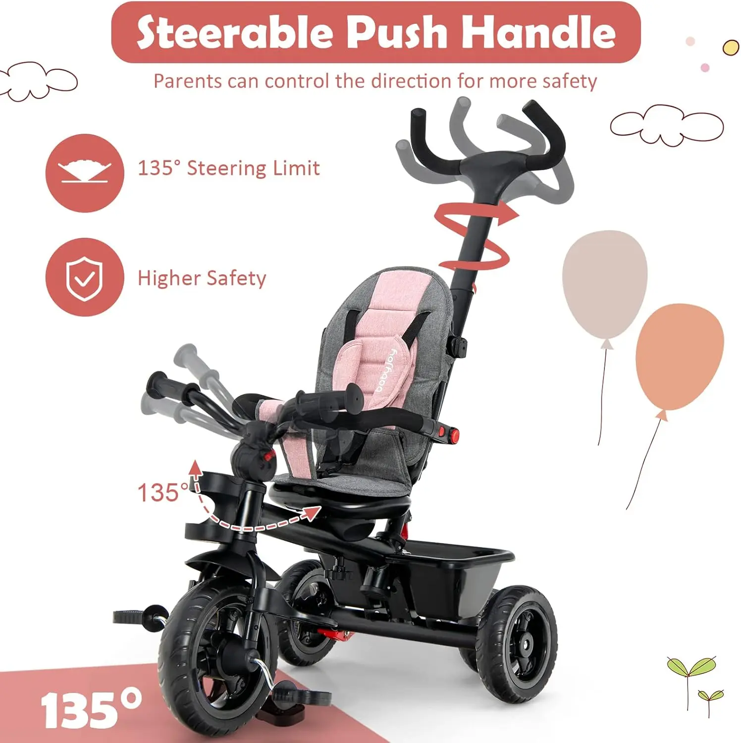 Toddler Tricycle Pushchair - Strollers for Kids Outdoor Play, with Removable Push Handle, Reversible Seat, EVA Wheels, Adjustable Canopy, Cup Holder & Storage