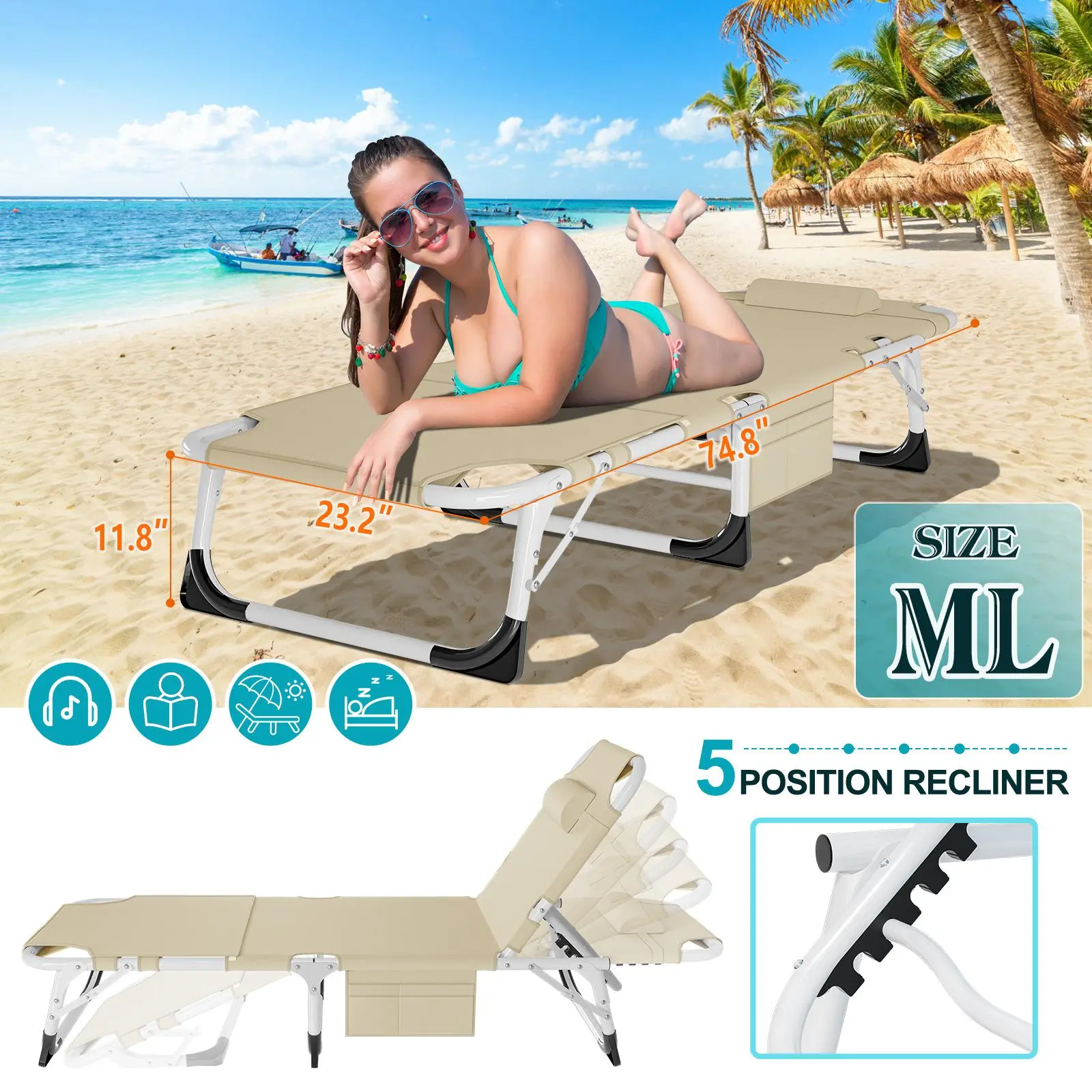 3-in-1 Sun Tanning Chair – Adjustable Folding Lounge Chair with Mat for Beach, Patio, Pool & Outdoor Relaxation