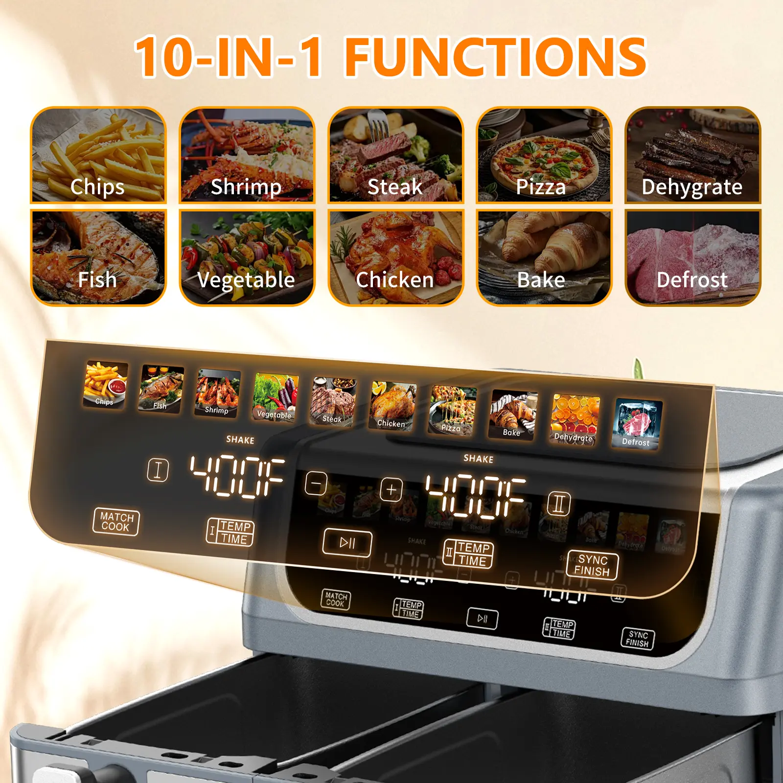 9QT Dual Basket Air Fryer, Oven 10-in-1，2 Independent Nonstick Baskets with Easy View Windows, Sync Finish & Hi-Fry Functions,Wide Temperature Range (200°F – 450°F)， Digital Double Air Fryer