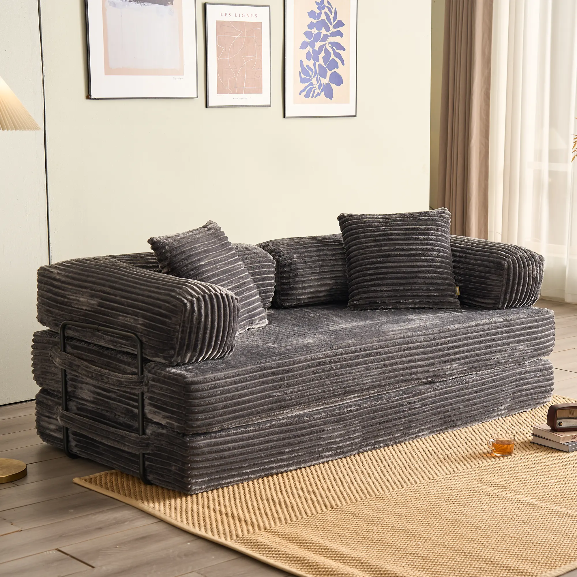 80"Oversized Boneless Couch, 5-in-1 Convertible Sleeper Sofa Bed, Deep Seat Corduroy Modular Floor Sofa, Foldable Pull-Out Couch for Living Room, Apartment,No Assembly