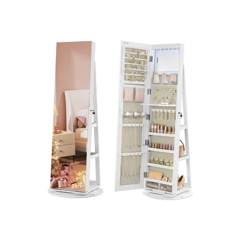LED Lockable Jewelry Cabinet – Standing Armoire with Frameless Full-Length Mirror & 3 Storage Shelves