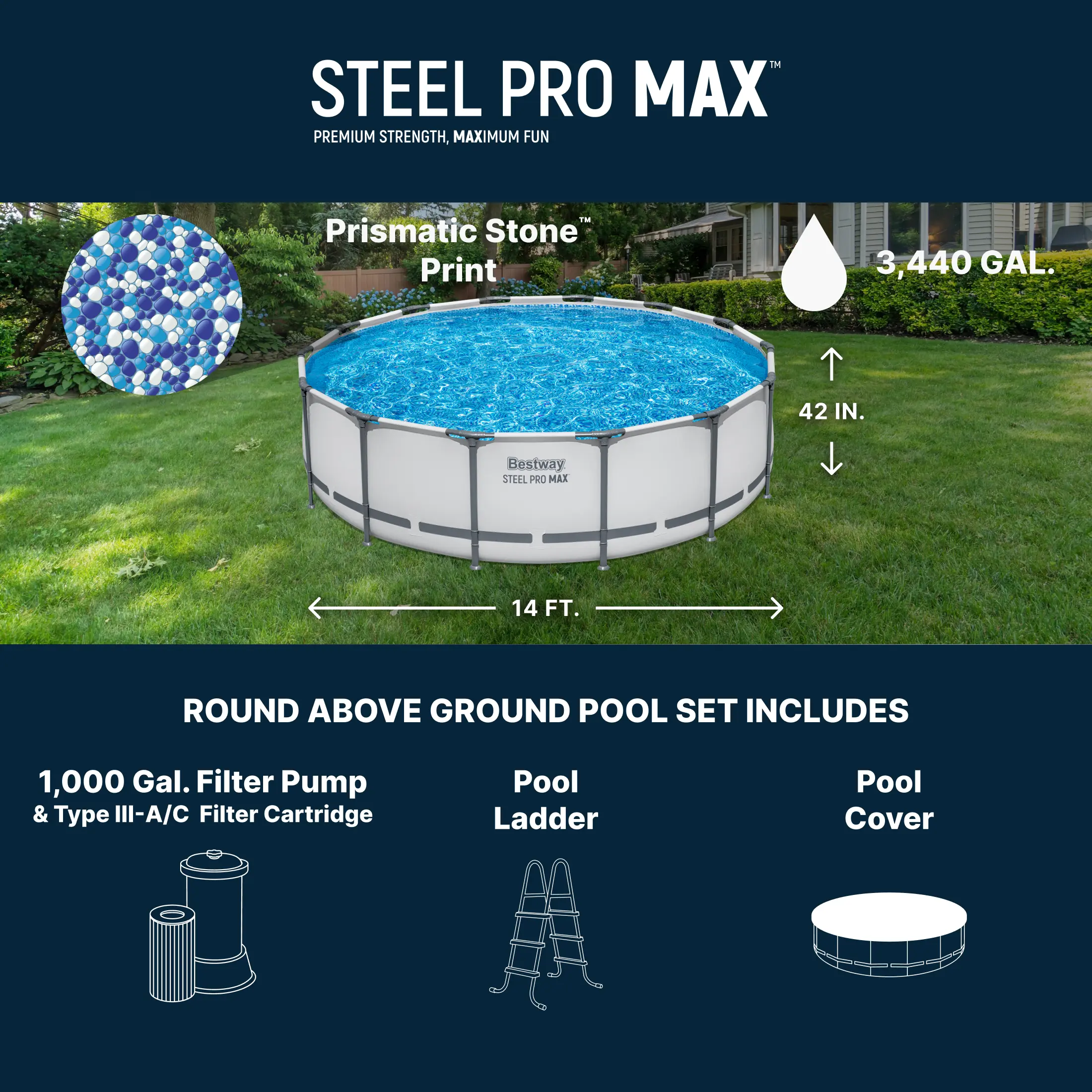 Steel Frame Above Ground Pool Set – Round Pool with Filter Pump, Ladder & Cover