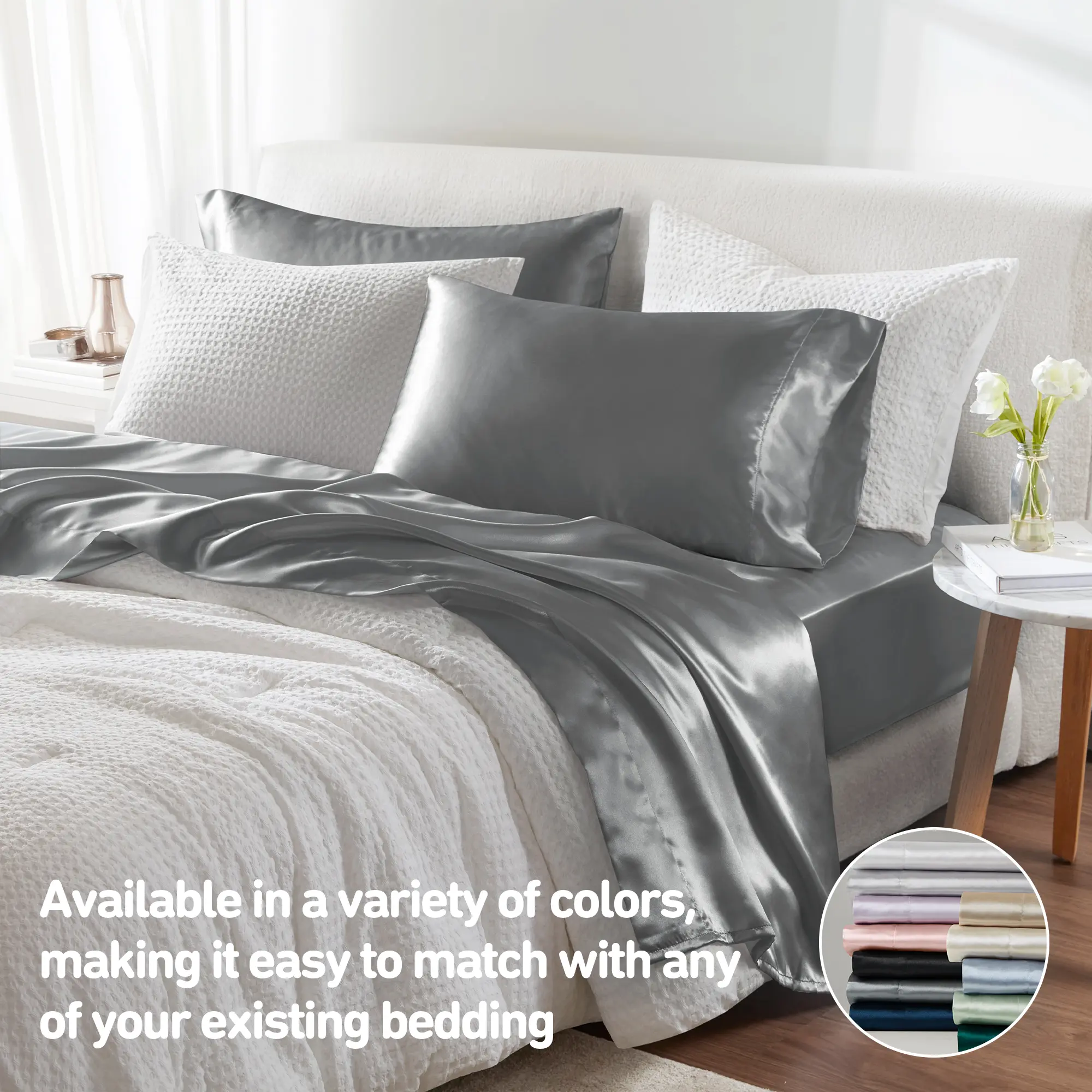 6 Piece Solid Color Satin Sheets Set