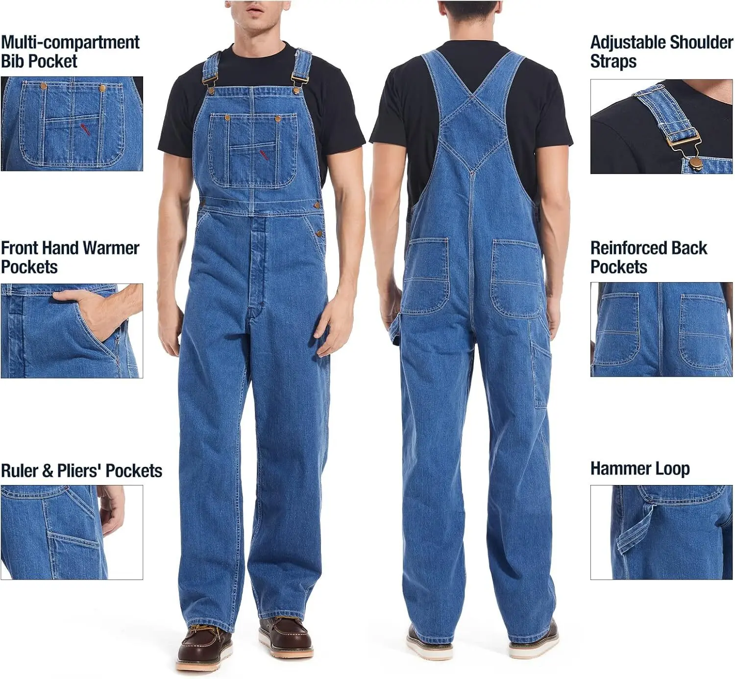 Men's 4-Pack Flex Denim Bib Overalls — Adjustable & Utility Ready