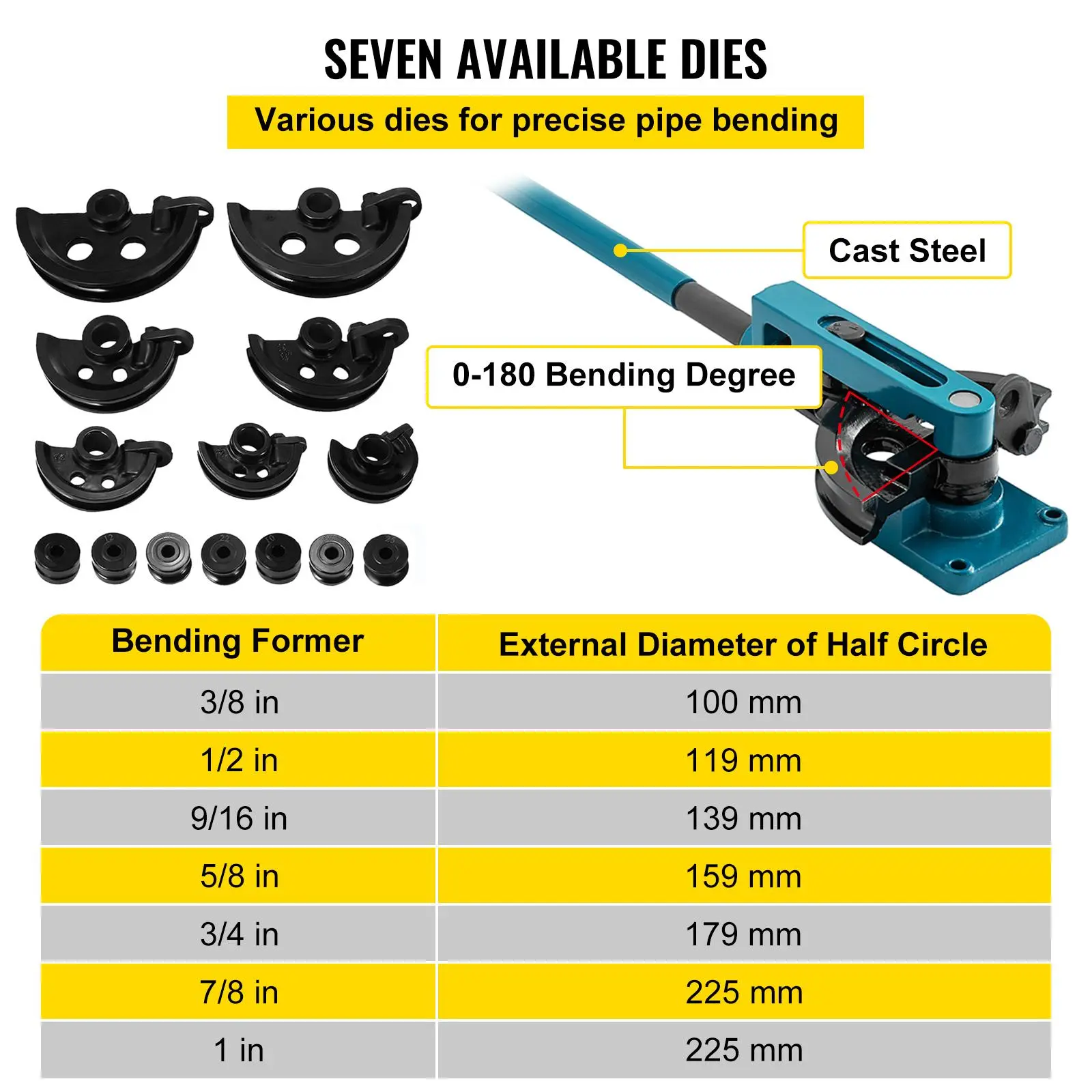 Manual Pipe Tube Bender Set 3/8", Summervibes, 1/2", 9/16", 5/8", 3/4", 7/8", 1" W/Dies