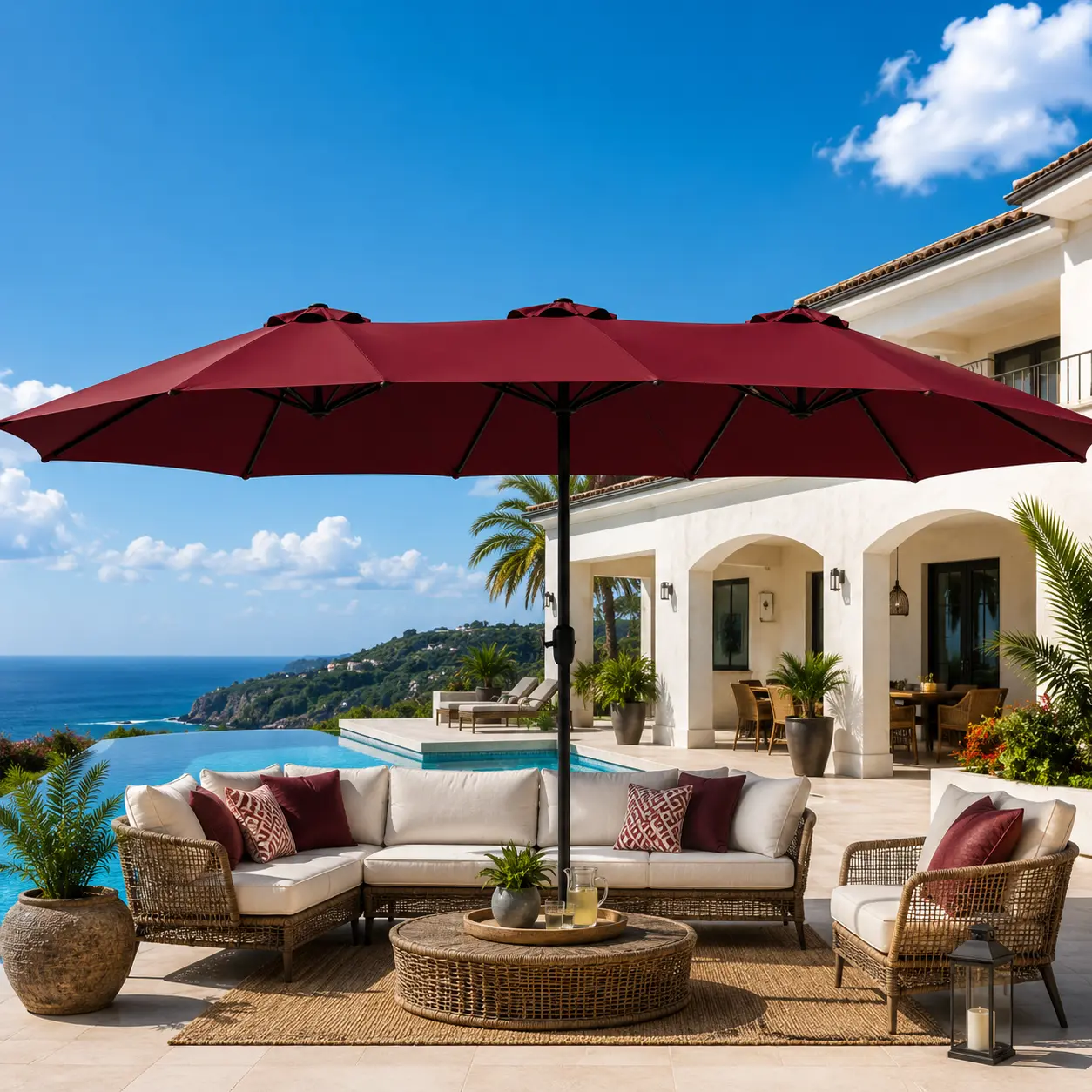 15FT Double-Sided Patio Umbrella – Large Outdoor Shade with 36 LED Lights, Crank System & Base Included for Patio, Pool & Backyard