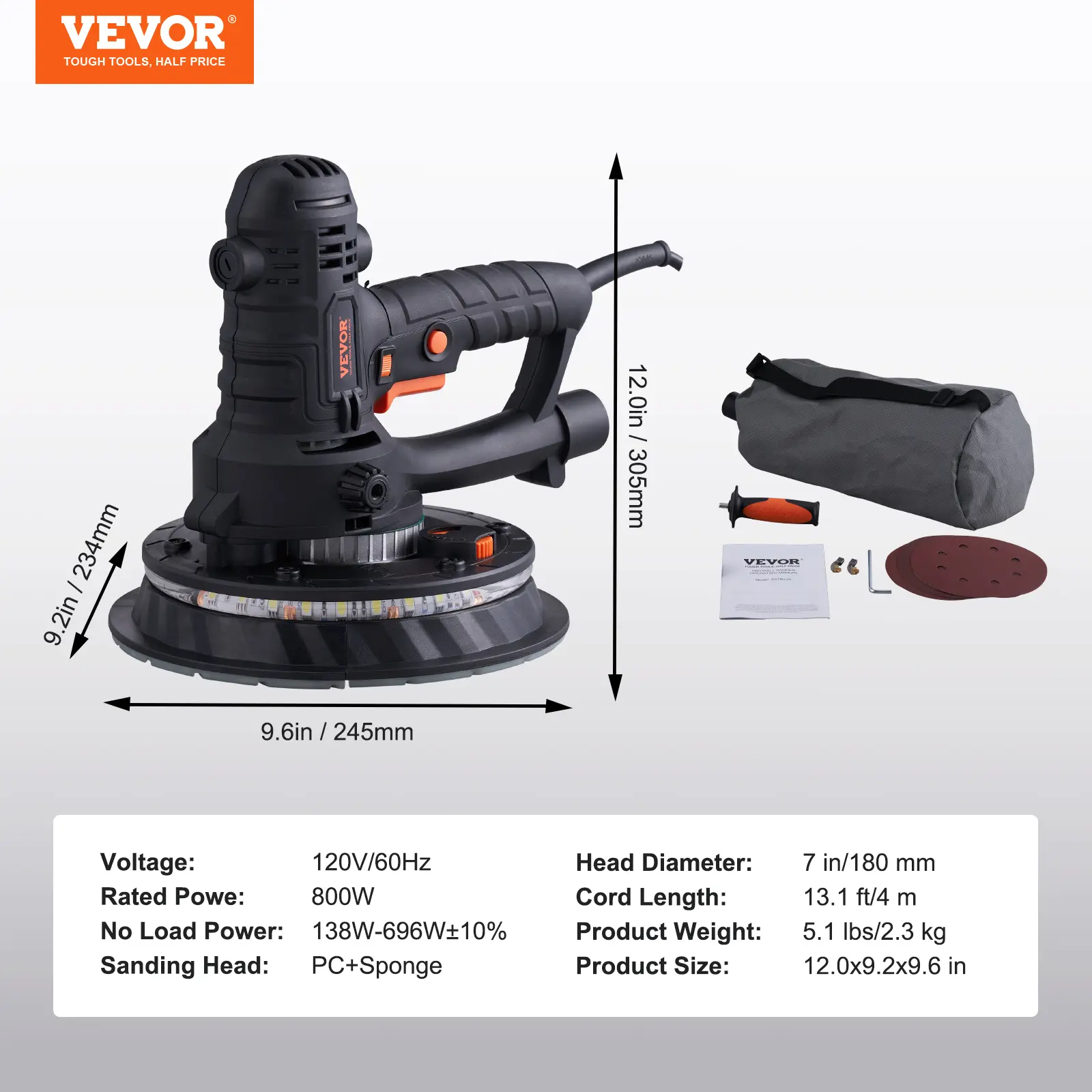 Drywall Sander, 800W Electric Sander with 12 Sanding Discs, Variable Speed 1200-2300 RPM Wall Sander with Automatic Vacuum Dust Collection System, Double LED Lights, Dust Bag, Detachable Edge