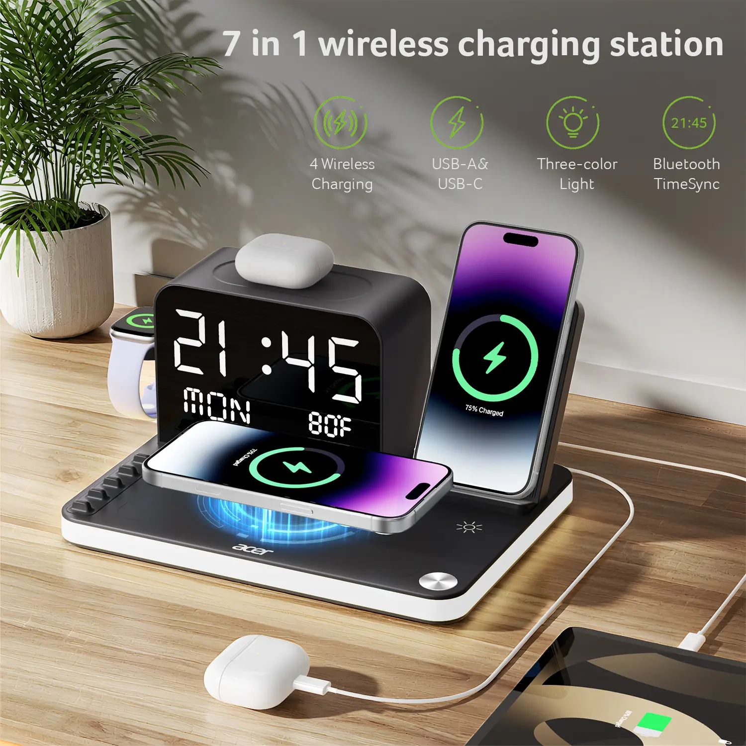 7-in-1 Wireless Charging Station – Fast Charger with LED Night Light, Bluetooth Clock & Temperature Display for iPhone, Apple Watch & AirPods