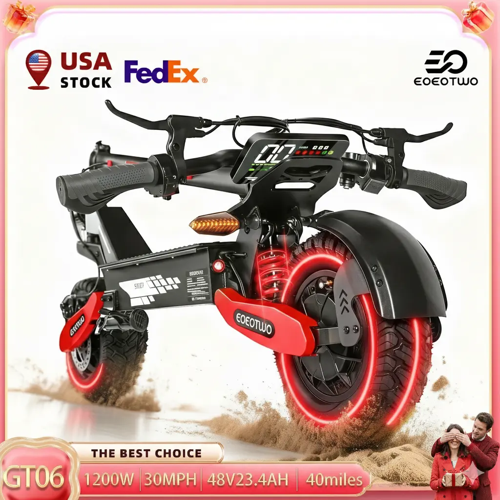 Electric scooter with a range of 40 miles, equipped with a 1200 W motor, top speed of 30 miles per hour, 11-inch all-terrain tires, front and rear shock absorbers, an LED display screen
