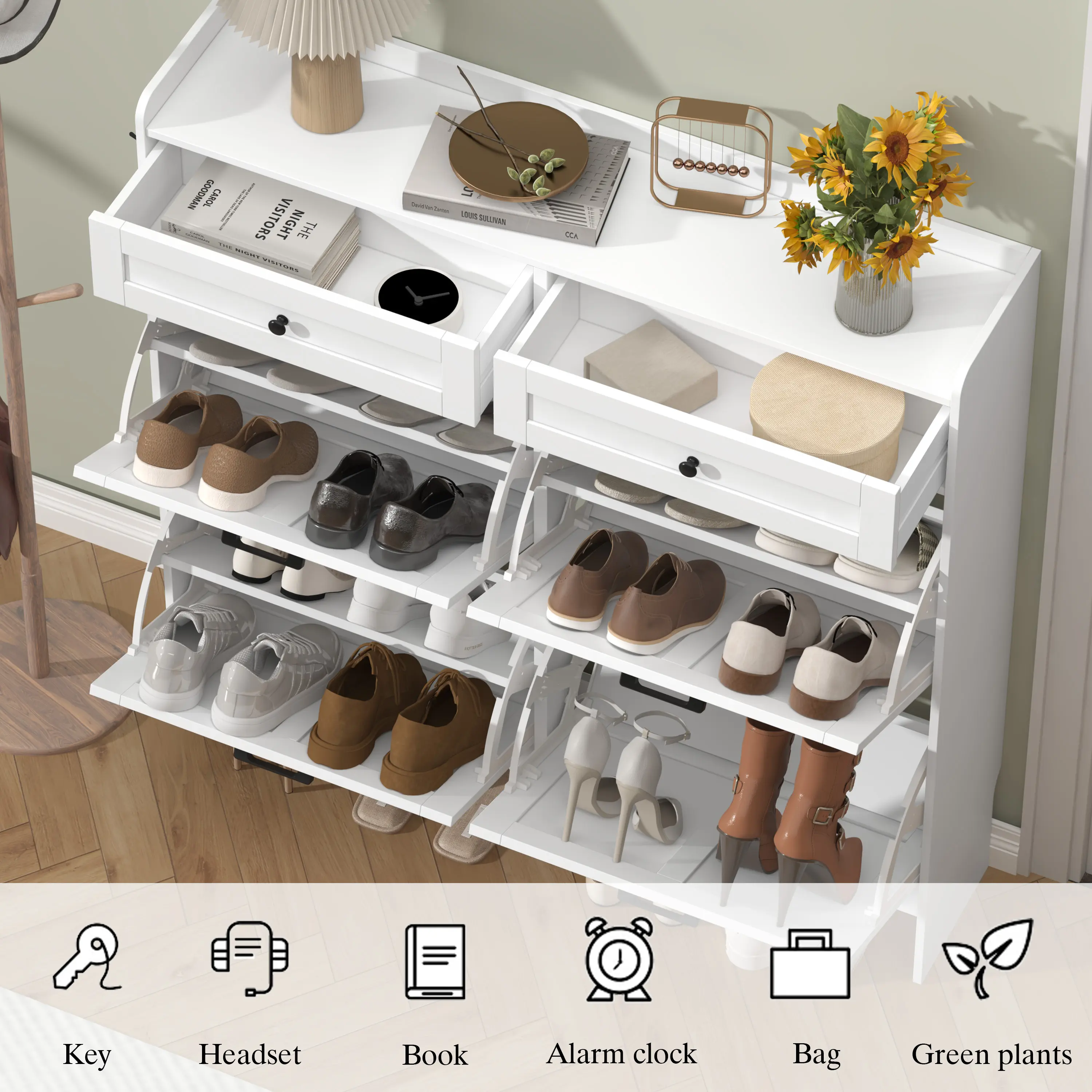 Shoe Storage Cabinet for Entryway, Farmhouse Wide Shoe Cabinet with 4 Flip Drawers and 2 Top Drawers, Freestanding Organizer with Adjustable Shelves, Hooks