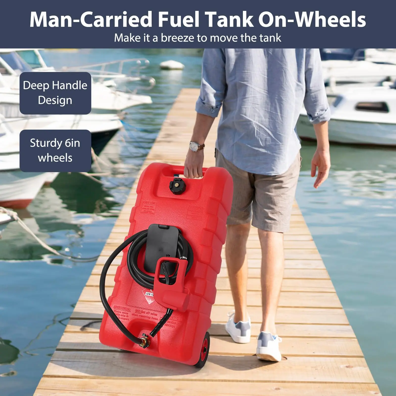 15 Gallon Portable Fuel Caddy with LE Pump & 10ft Hose for Gasoline Diesel Storage on Wheels for Cars Lawn Mowers ATVs Boats Red Yellow Gray Options