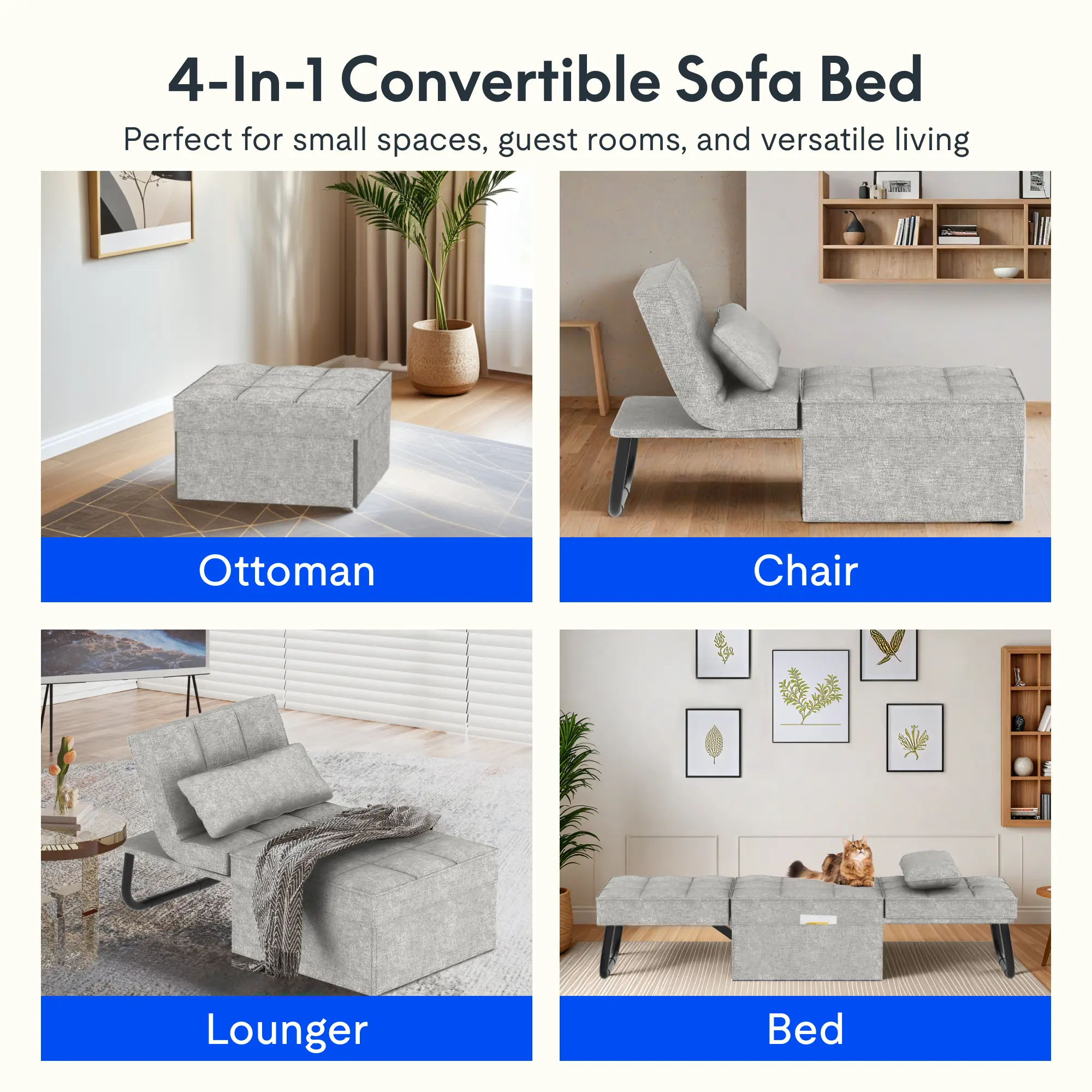 Convertible Sleeper Chair Sofa Bed - 5-Level Adjustable Backrest Multi-Function Upholstered Ottoman Futon, Adjustable Upholstered Couch, Furniture for Living Room (Grey, Beds Compatible)