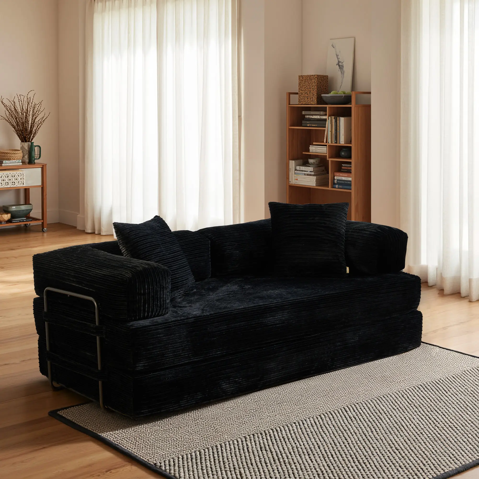 80"Oversized Boneless Couch, 5-in-1 Convertible Sleeper Sofa Bed, Deep Seat Corduroy Modular Floor Sofa, Foldable Pull-Out Couch for Living Room, Apartment,No Assembly