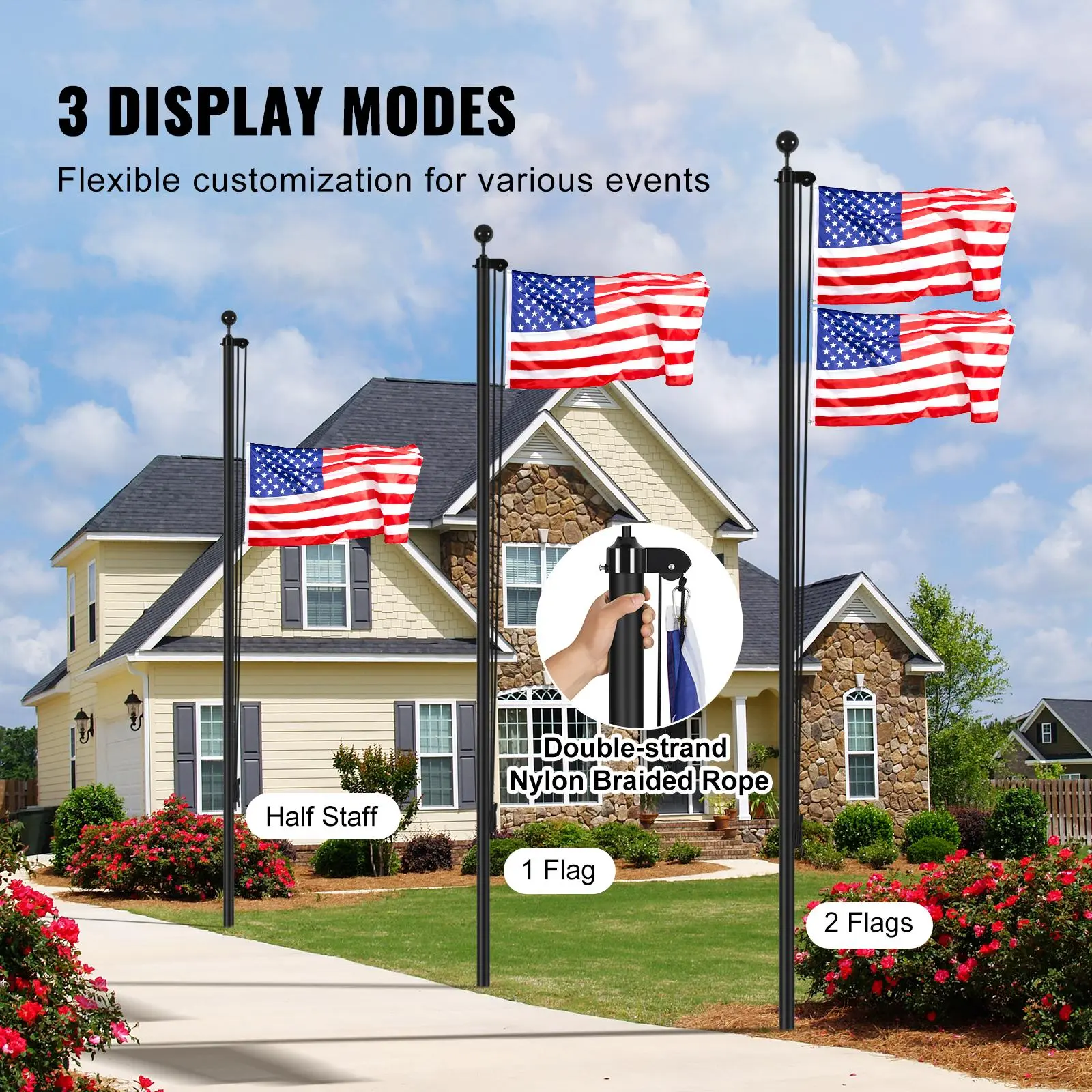 25FT Sectional Flag pole Kit,  , Heavy Duty Aluminum Alloy in Ground Flag poles for Outside, 3 Display Modes Flagpole with 3x5 American Flag, Professional Accessories, Black Banners Lightweight