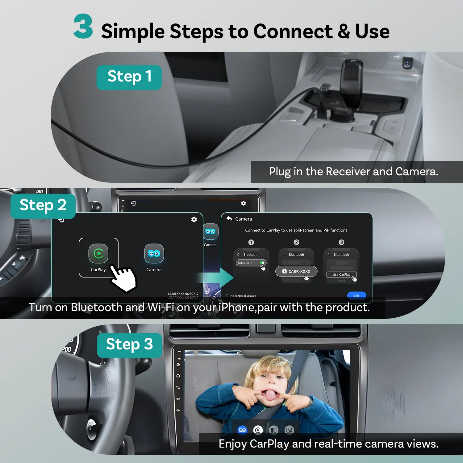 OTTOCAST Baby Car Camera &Wireless CarPlay Adapter,1080P HD Rear Seat Monitor Display on Car Screen,150°Wide Angle No-Glow Night View, Safety for Kids & Infants