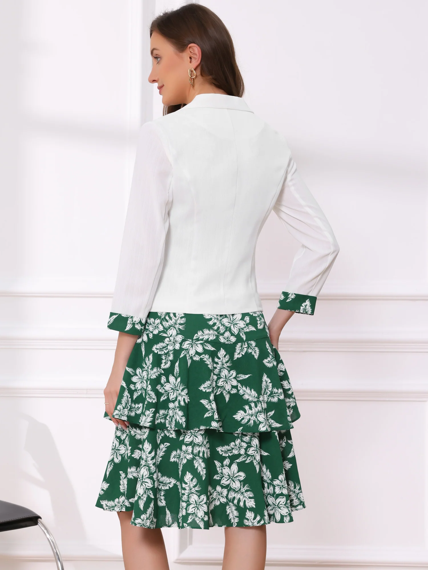Work flower Print Contrast Panel 2pc Sets Chiffon V Neck Jacket Dress