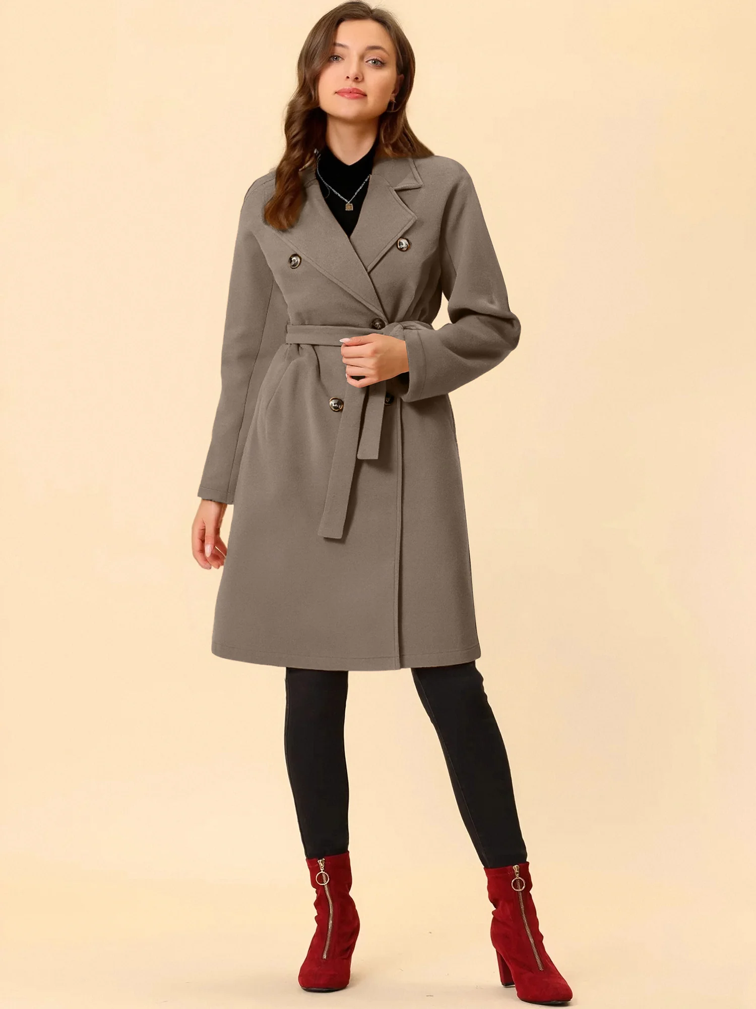 Solid Color Notched Lapel Double Breasted Belted Long Pea Coat