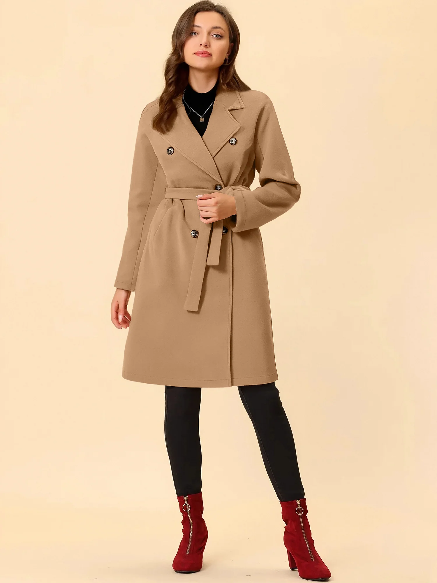 Solid Color Notched Lapel Double Breasted Belted Long Pea Coat
