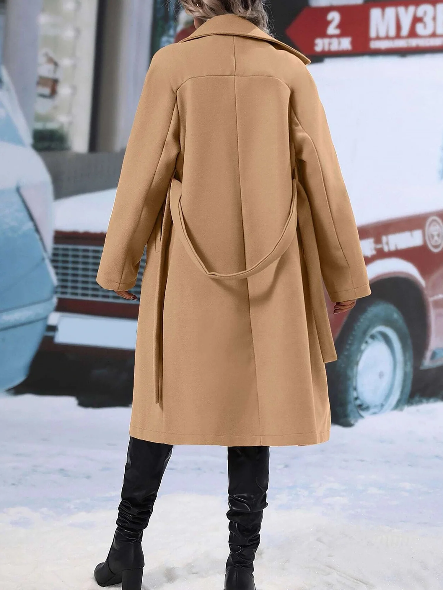 Solid Color Notched Lapel Double Breasted Belted Long Pea Coat