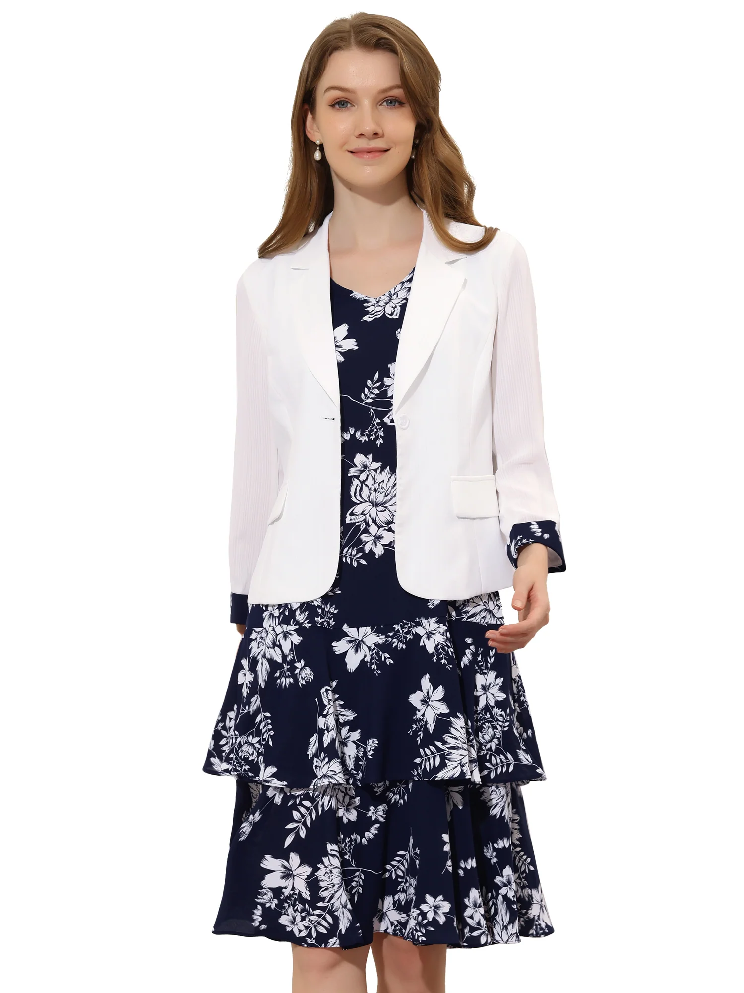 Work flower Print Contrast Panel 2pc Sets Chiffon V Neck Jacket Dress