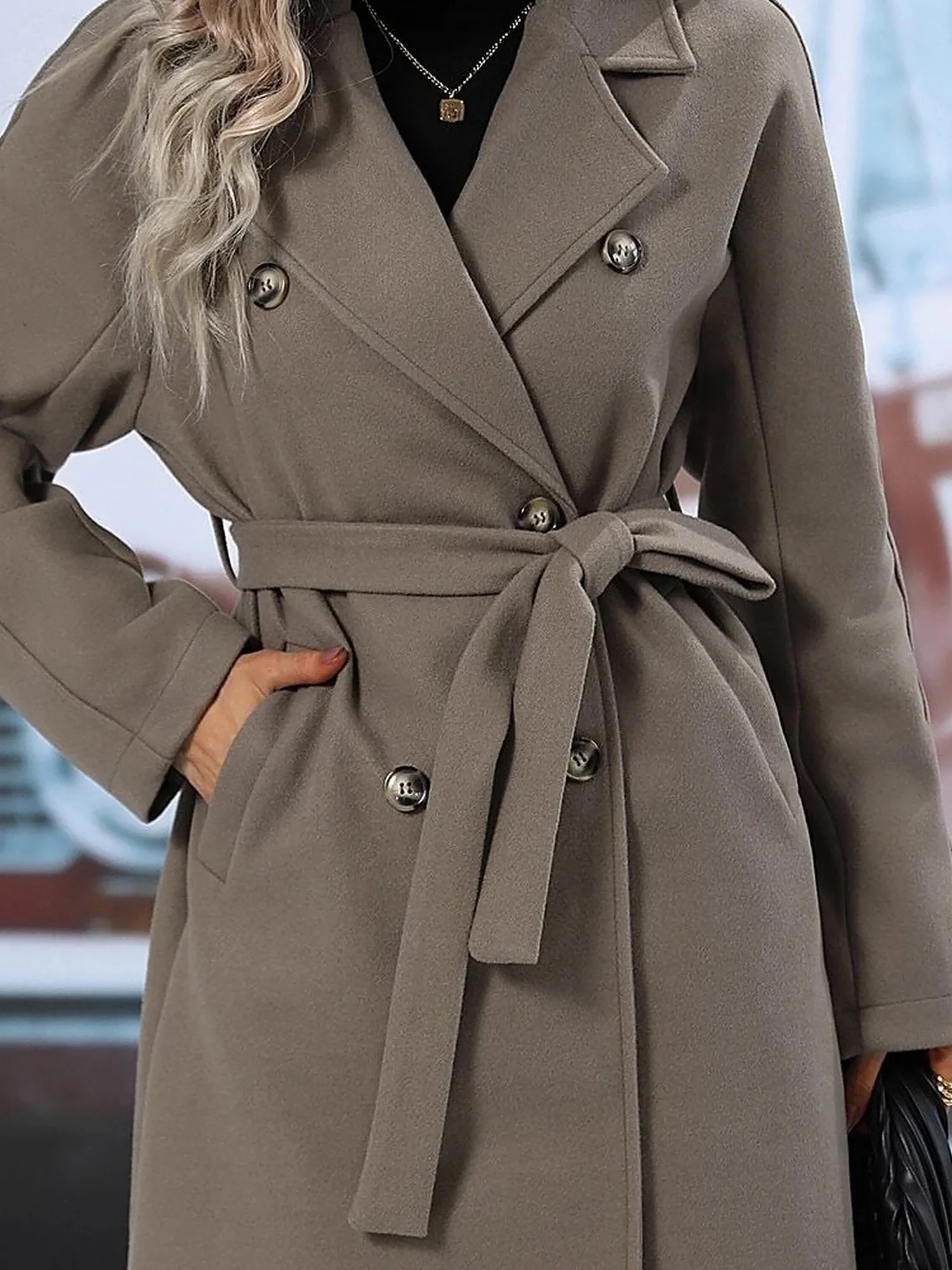Solid Color Notched Lapel Double Breasted Belted Long Pea Coat
