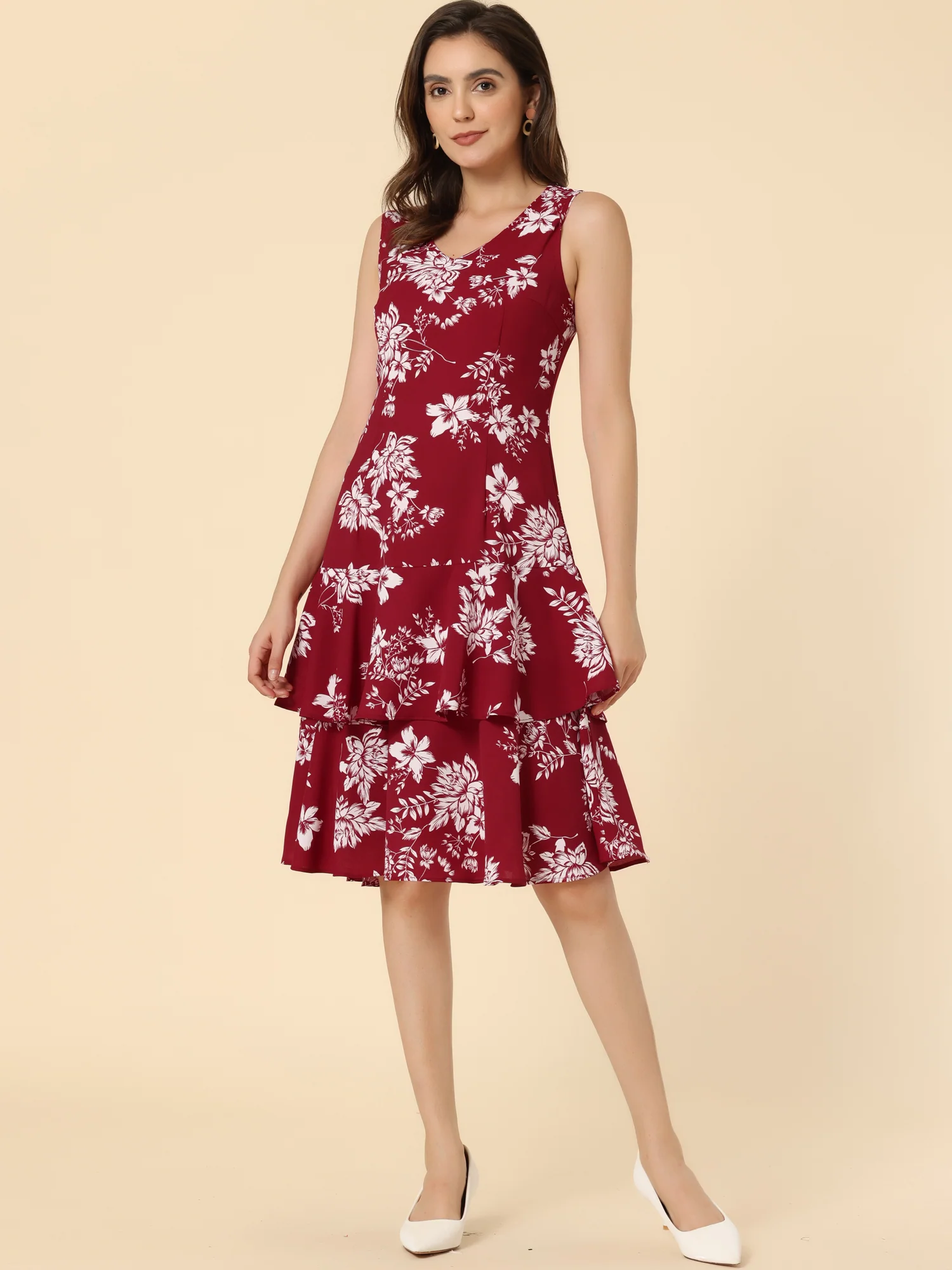 Work flower Print Contrast Panel 2pc Sets Chiffon V Neck Jacket Dress