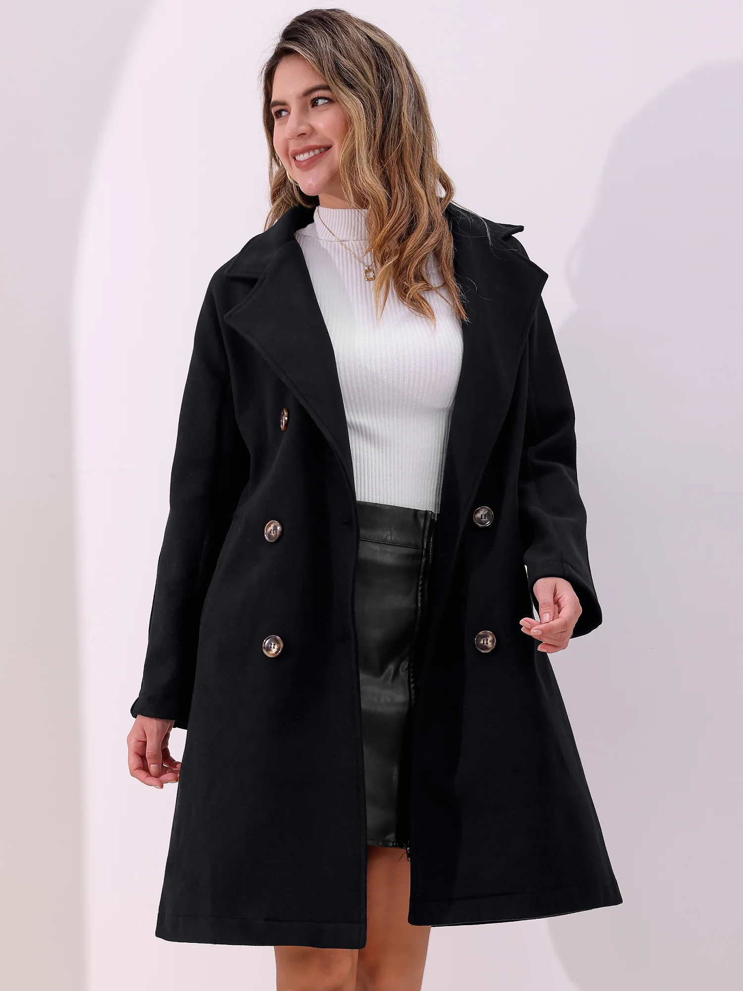Solid Color Notched Lapel Double Breasted Belted Long Pea Coat