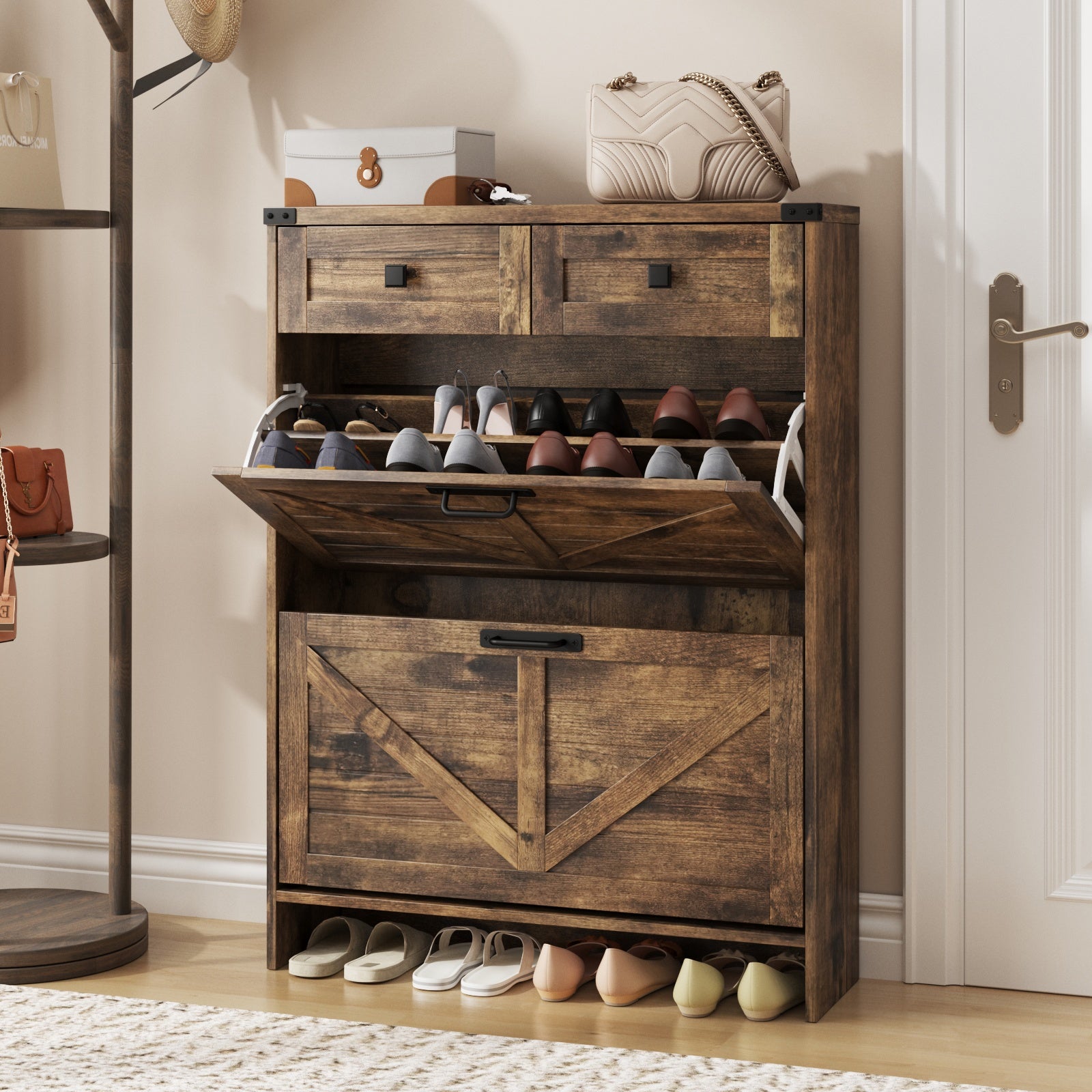 Shoe Storage Cabinet with 2 Flip Drawers & 2 Drawers