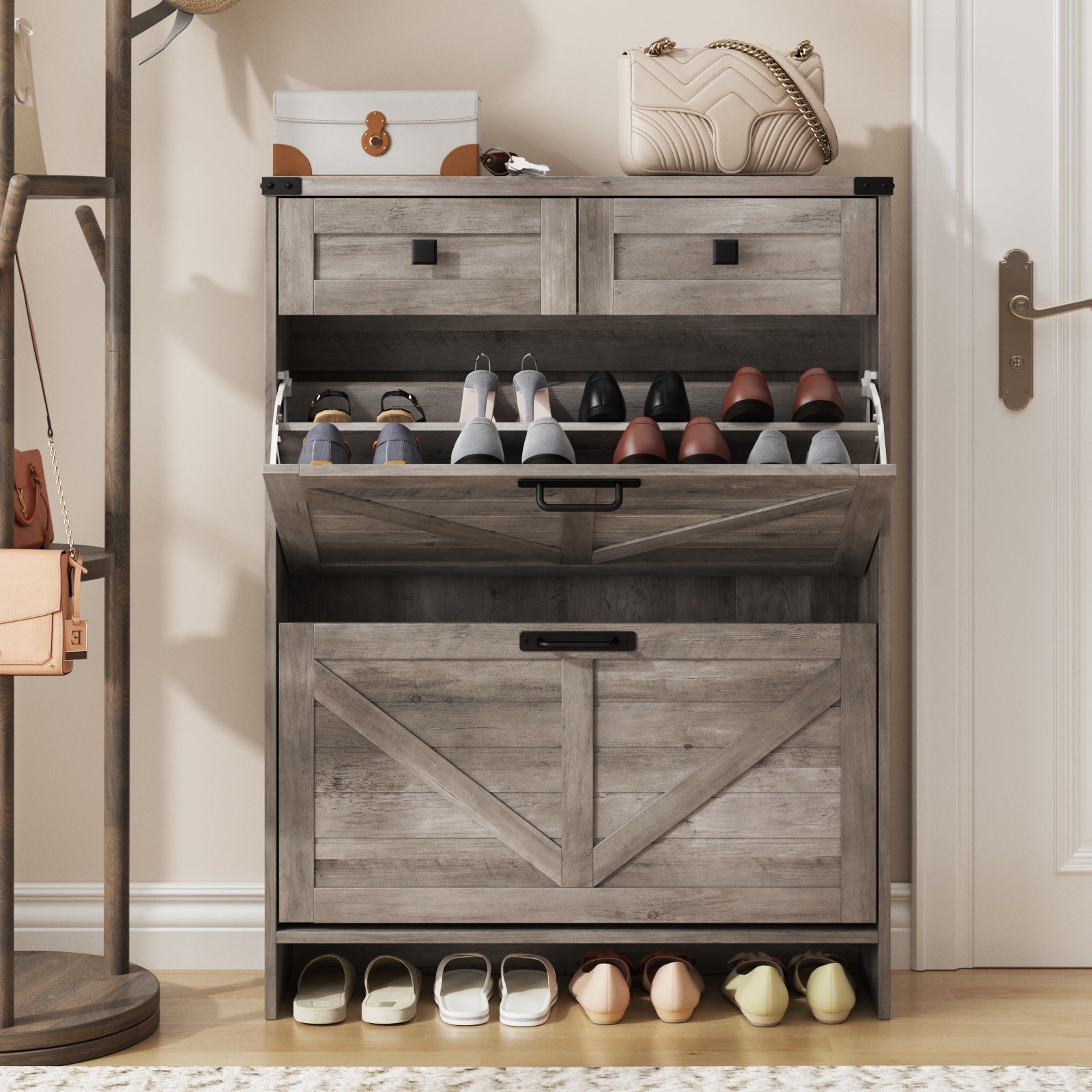Shoe Storage Cabinet with 2 Flip Drawers & 2 Drawers