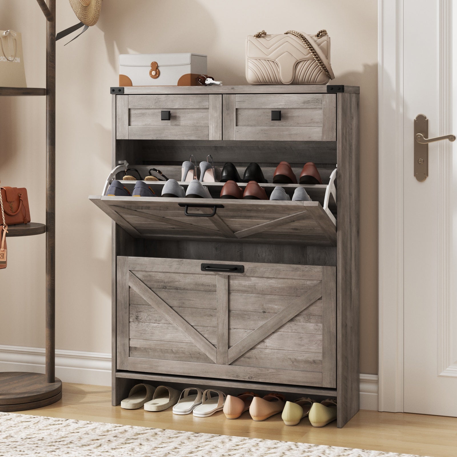 Shoe Storage Cabinet with 2 Flip Drawers & 2 Drawers
