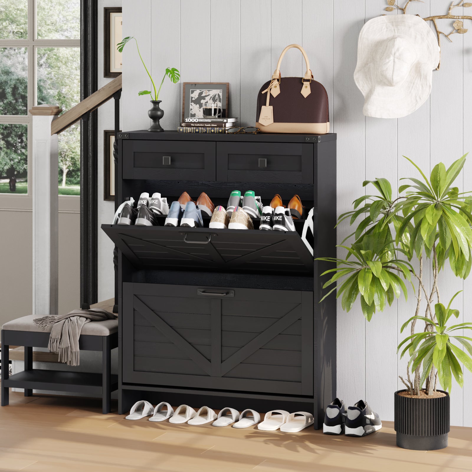 Shoe Storage Cabinet with 2 Flip Drawers & 2 Drawers