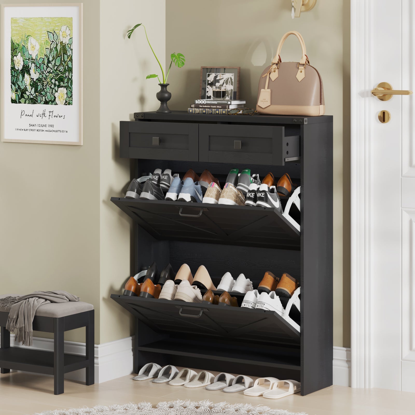 Shoe Storage Cabinet with 2 Flip Drawers & 2 Drawers