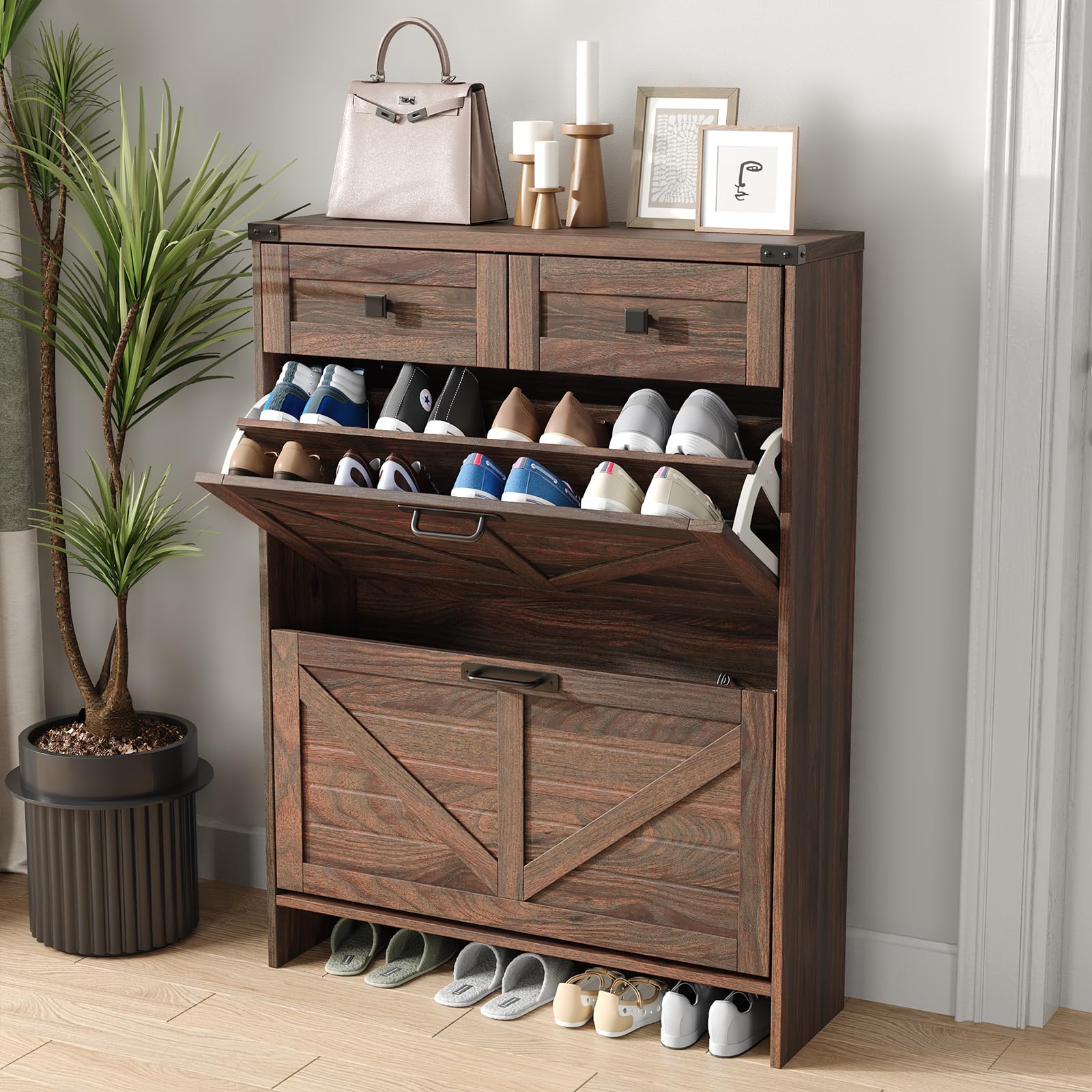 Shoe Storage Cabinet with 2 Flip Drawers & 2 Drawers
