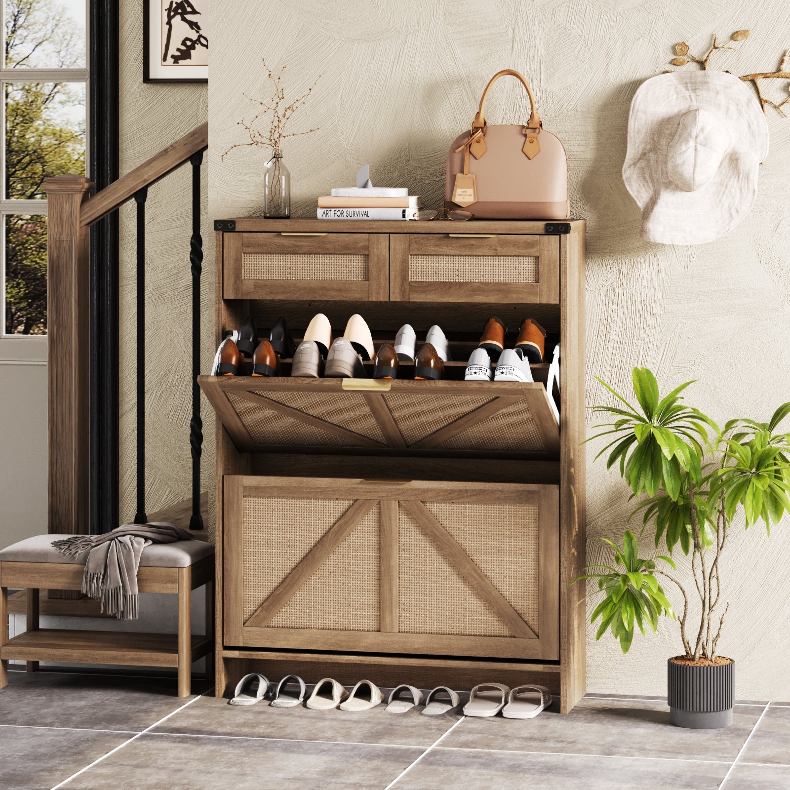 Shoe Storage Cabinet with 2 Flip Drawers & 2 Drawers